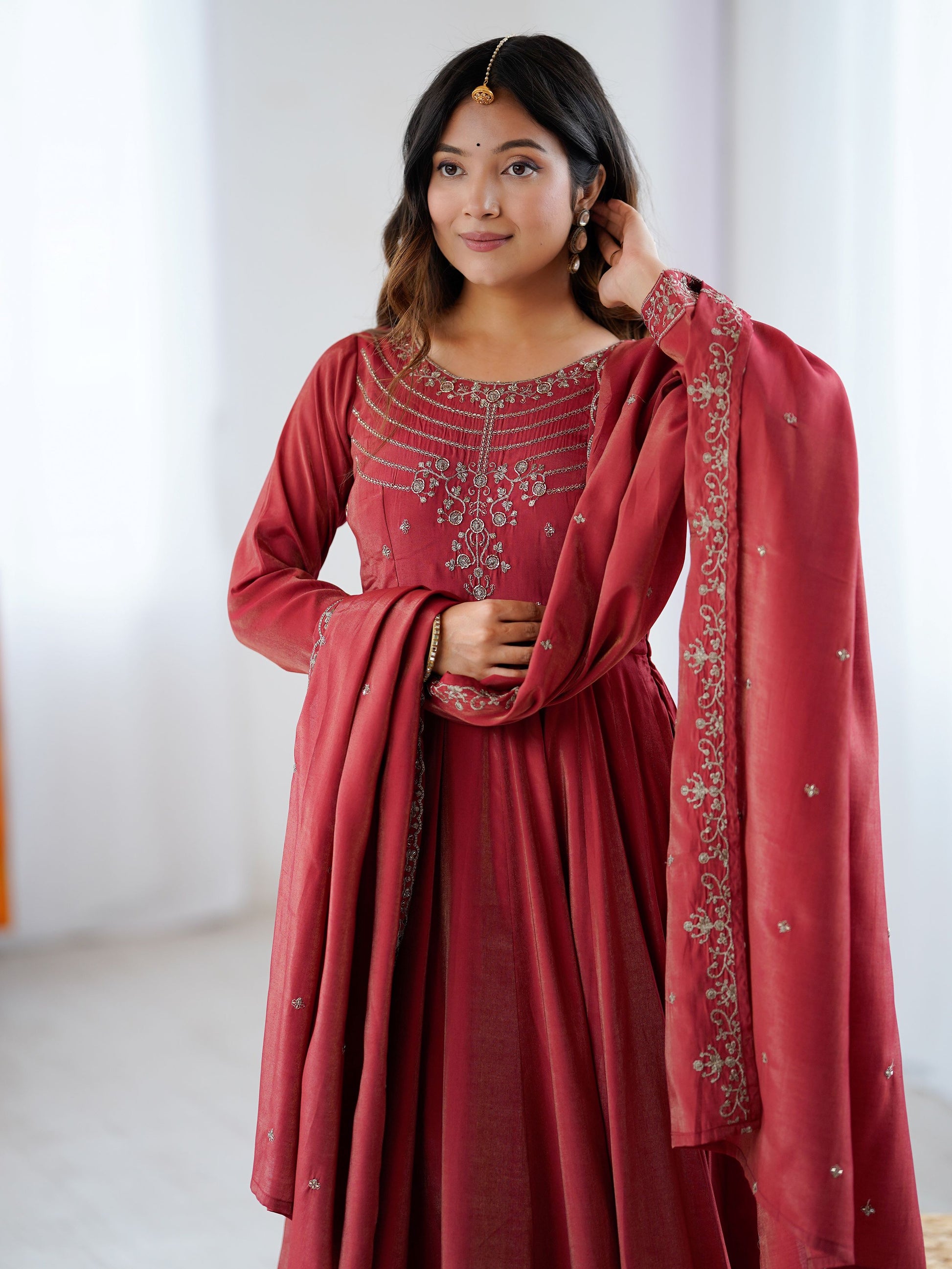 Stunning Maroon Bead Work Chanderi Silk Wedding Wear Anarkali Suit With Dupatta