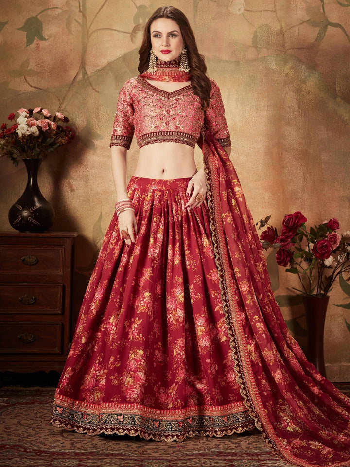 Stunning Maroon Floral Print Organza Silk Wedding Lehenga Choli With Peach Blouse