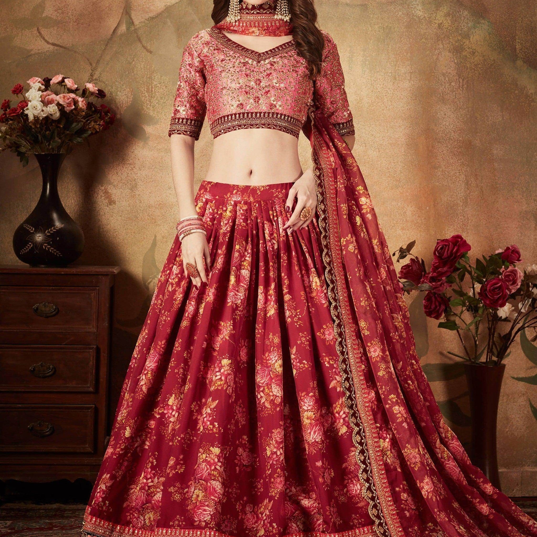 Stunning Maroon Floral Print Organza Silk Wedding Lehenga Choli With Peach Blouse - Zeel Clothing