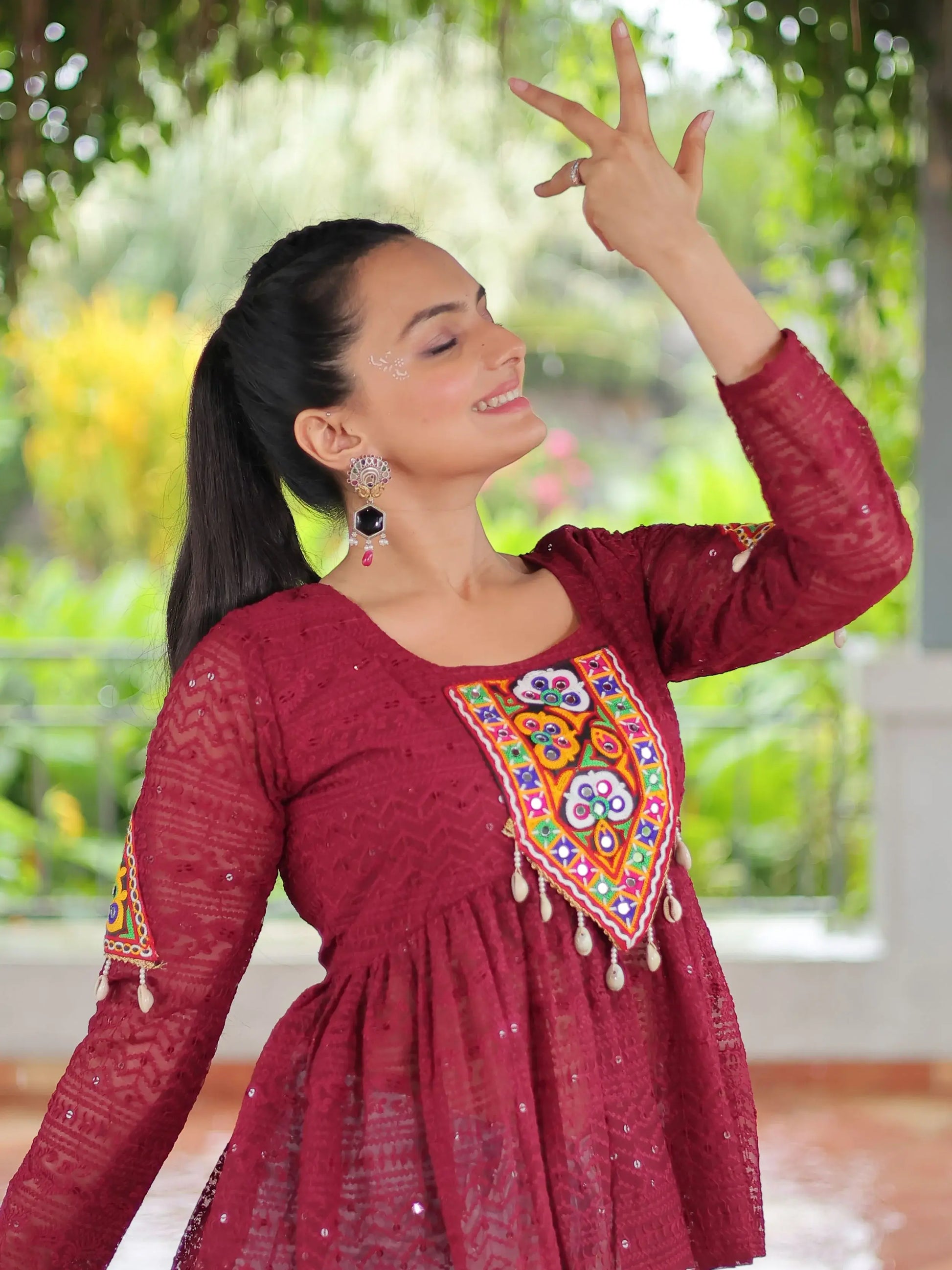 Stunning Maroon Gamthi Work Georgette Navratri Special Peplum Style Top - Zeel Clothing