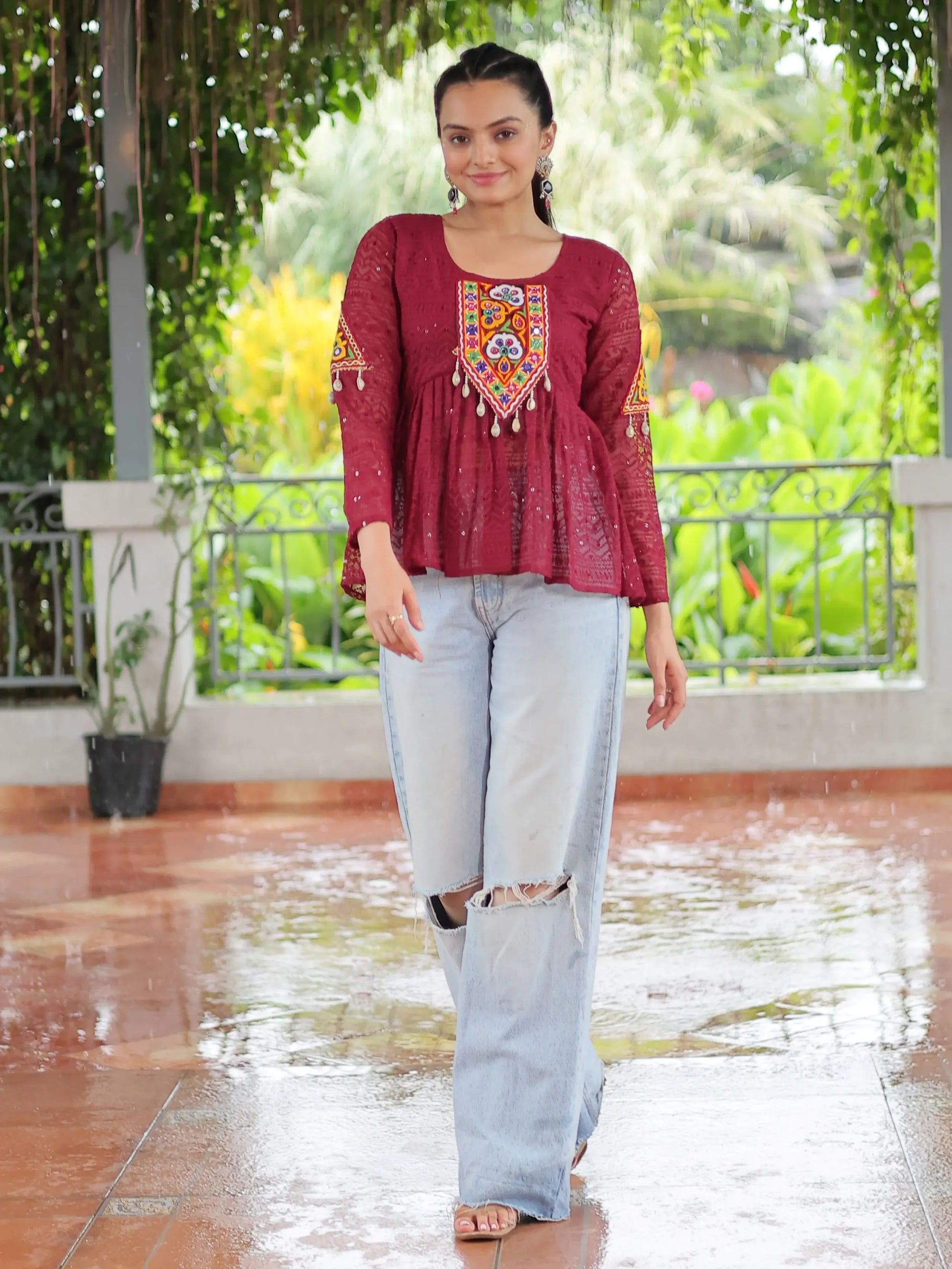 Stunning Maroon Gamthi Work Georgette Navratri Special Peplum Style Top - Zeel Clothing