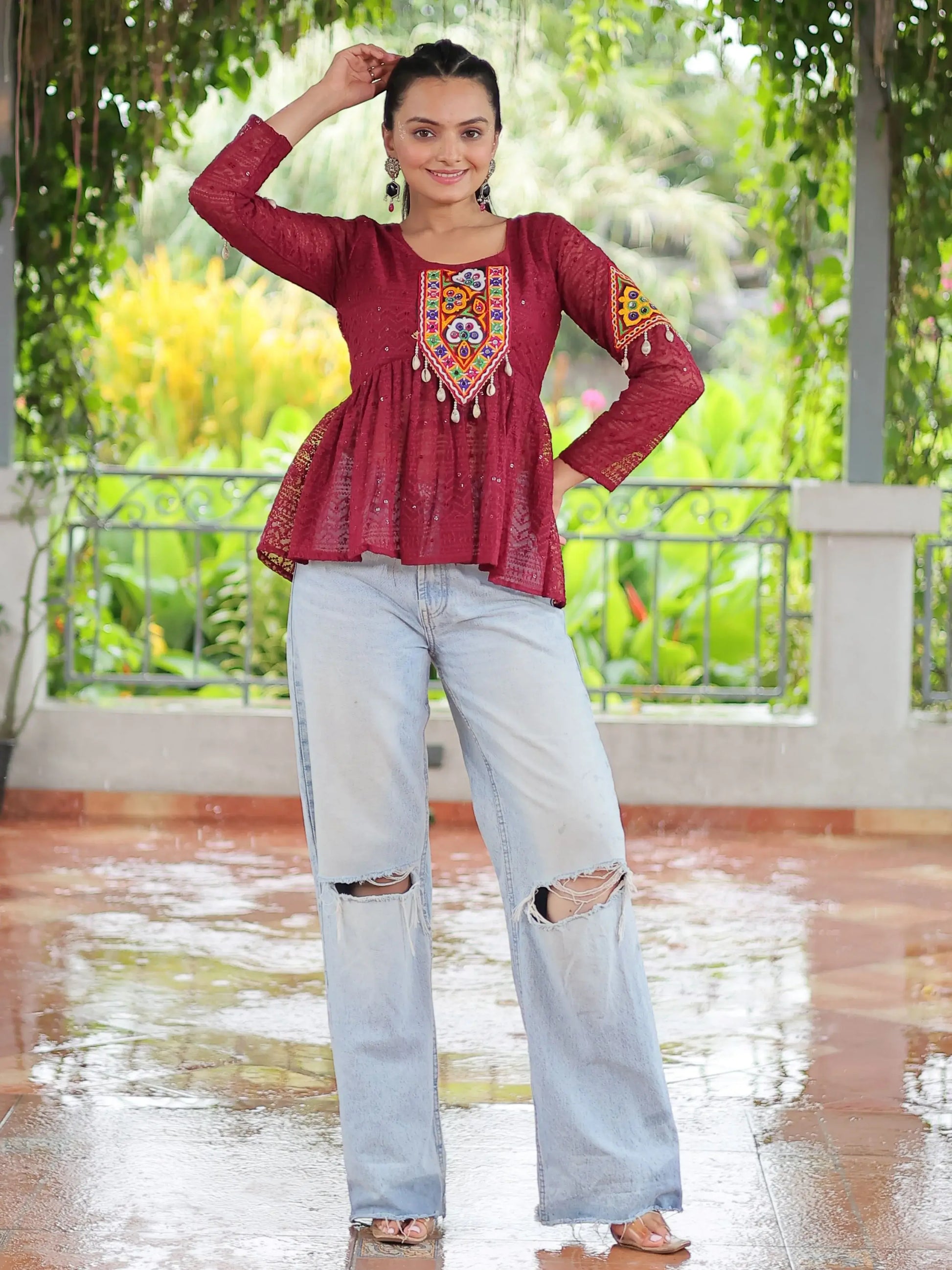 Stunning Maroon Gamthi Work Georgette Navratri Special Peplum Style Top - Zeel Clothing