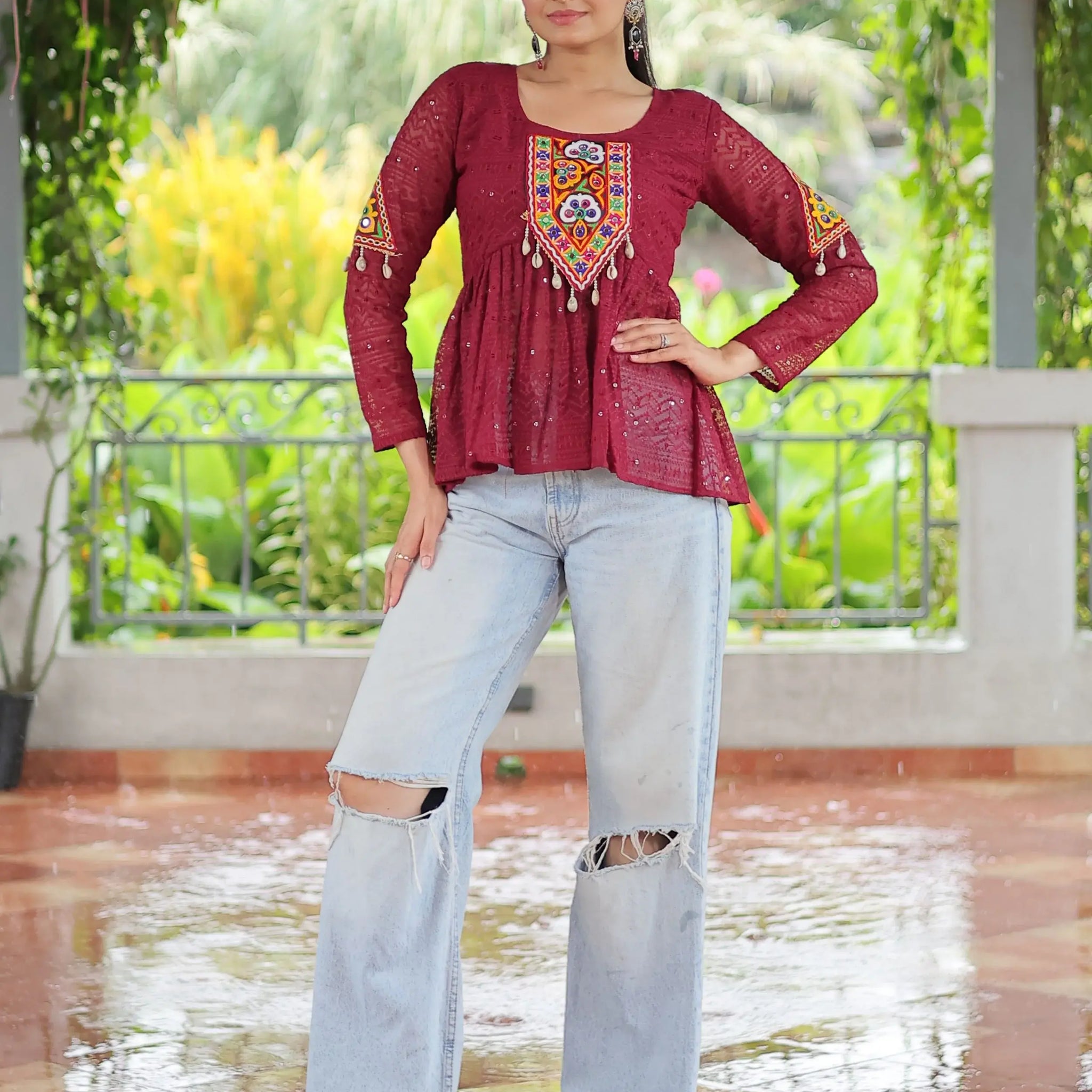Stunning Maroon Gamthi Work Georgette Navratri Special Peplum Style Top - Zeel Clothing