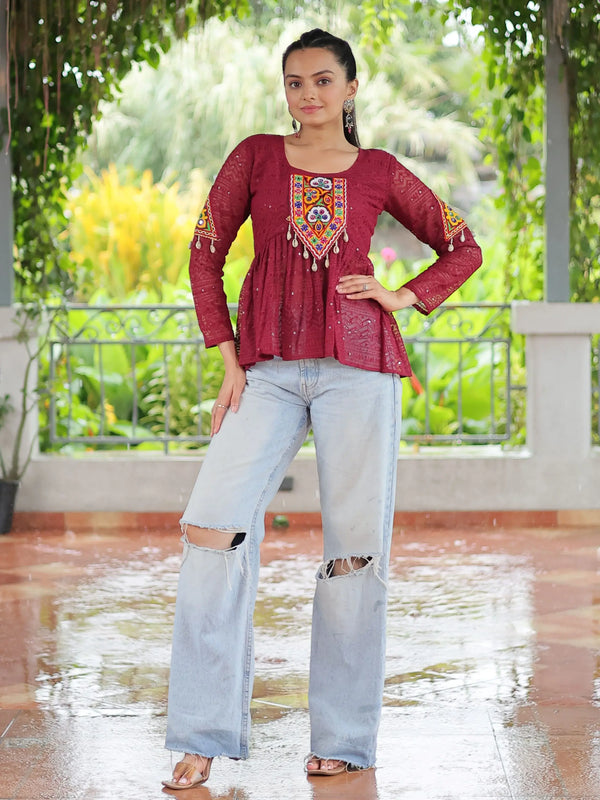 Stunning Maroon Gamthi Work Georgette Navratri Special Peplum Style Top - Zeel Clothing