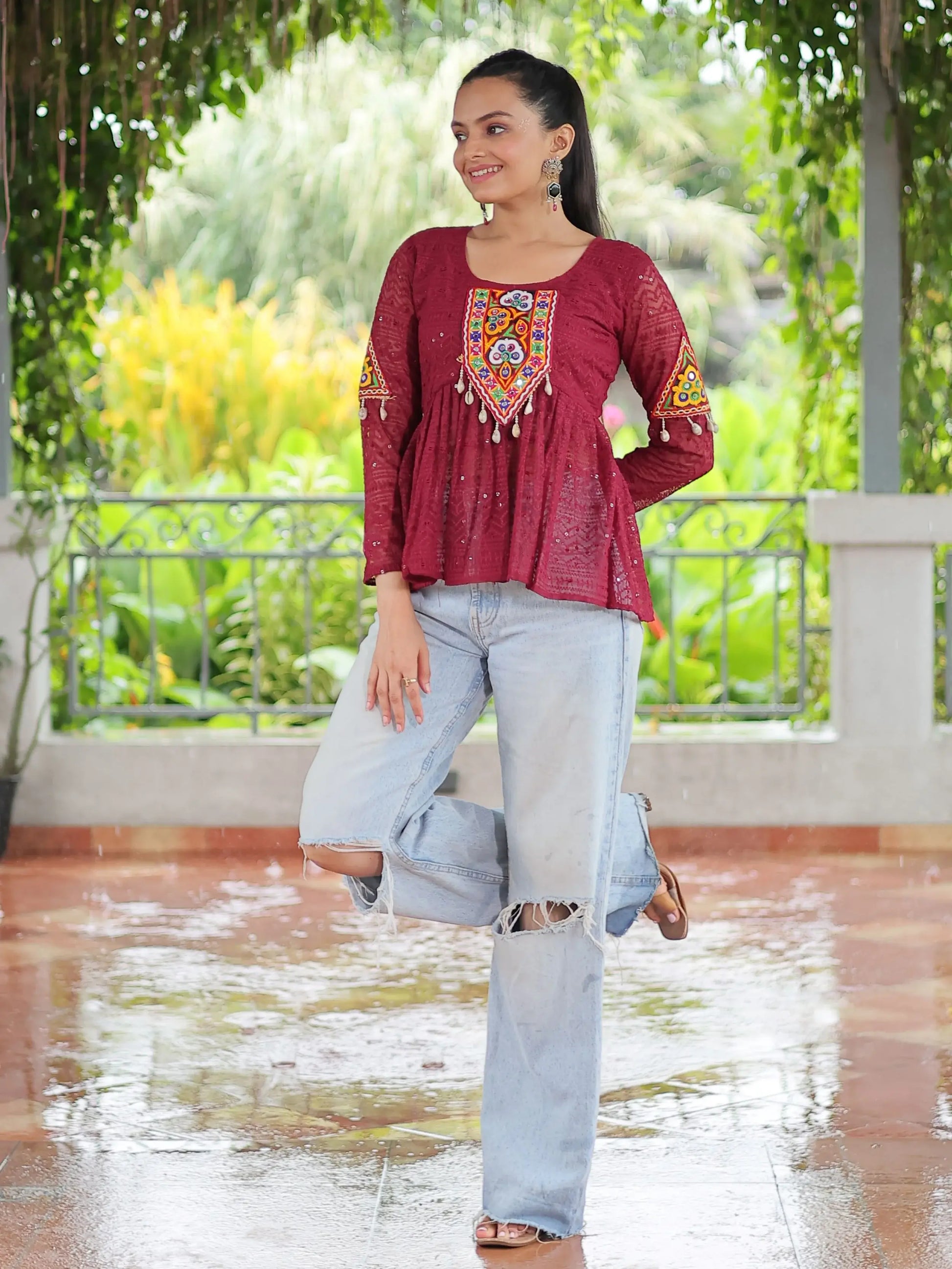 Stunning Maroon Gamthi Work Georgette Navratri Special Peplum Style Top - Zeel Clothing