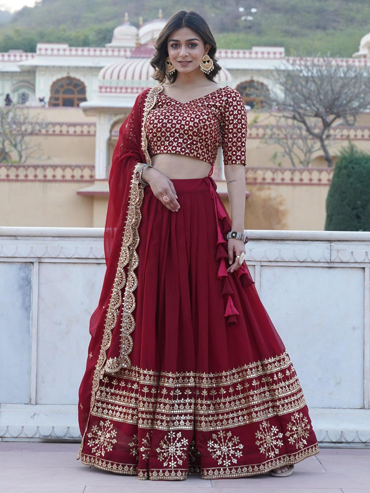 Stunning Maroon Sequins Georgette Engagement Wear Lehenga Choli
