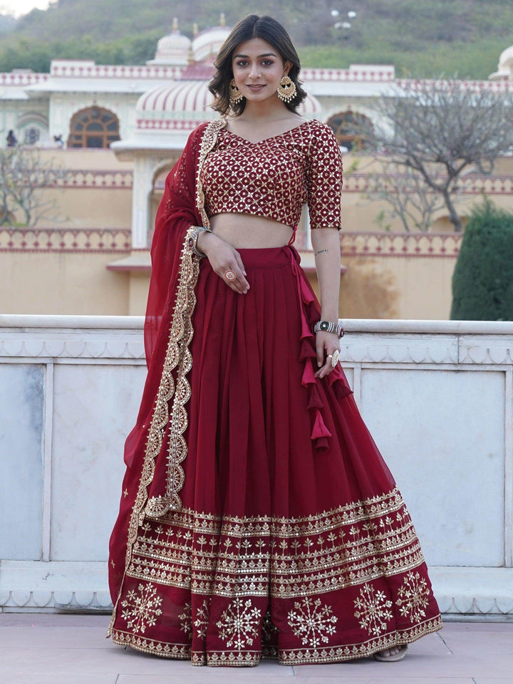 Stunning Maroon Sequins Georgette Engagement Wear Lehenga Choli - Zeel Clothing