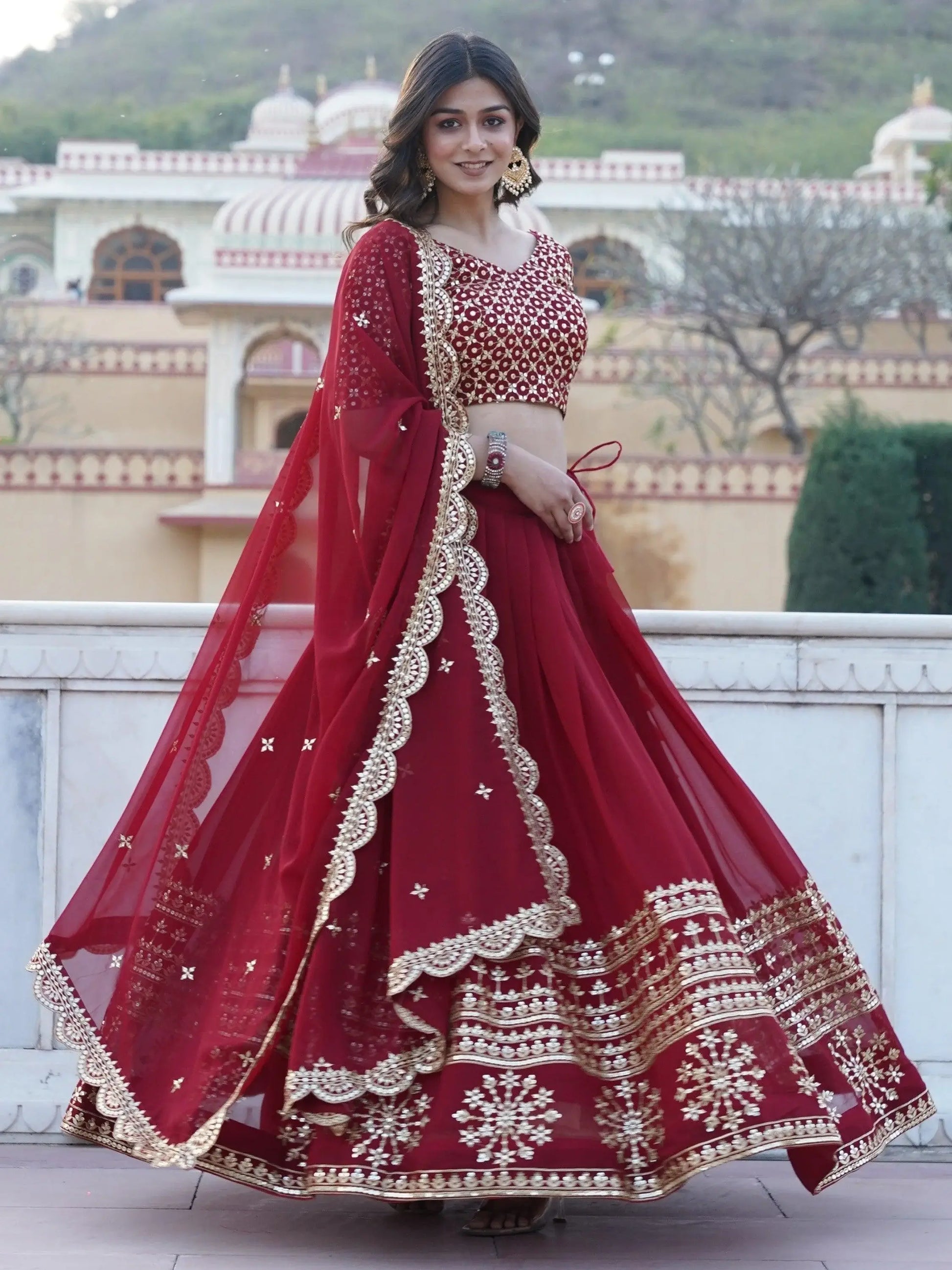 Stunning Maroon Sequins Georgette Engagement Wear Lehenga Choli - Zeel Clothing