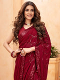 Stunning Maroon Sequins Georgette Party Wear Saree With Blouse - Zeel Clothing