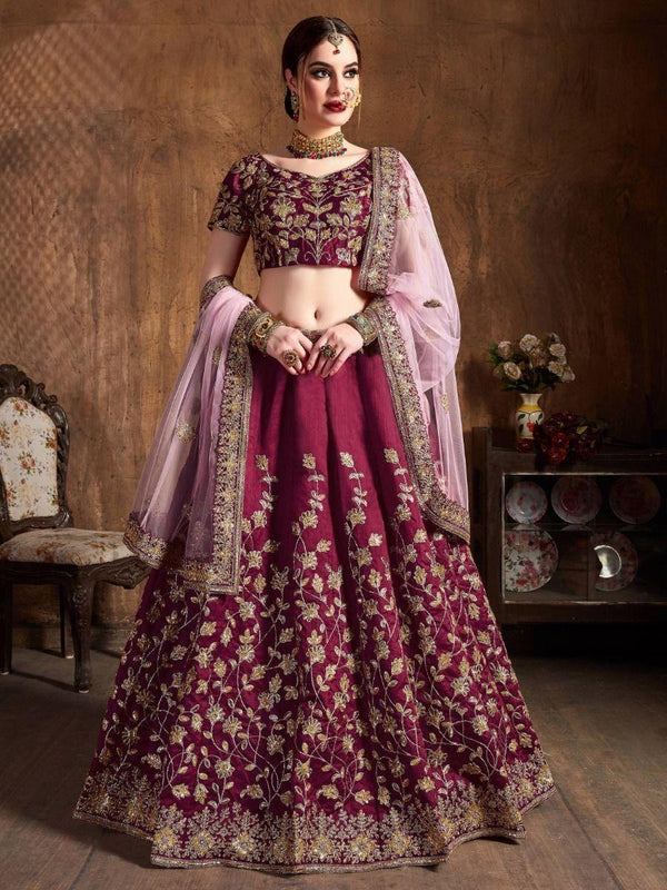Stunning Maroon Sequins Raw Silk Lehenga Choli With Soft Net Dupatta