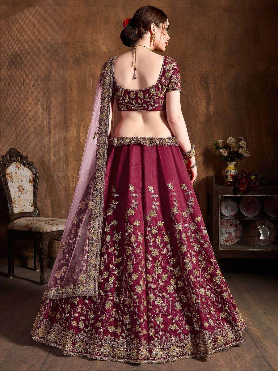 Stunning Maroon Sequins Raw Silk Lehenga Choli With Soft Net Dupatta - Zeel Clothing