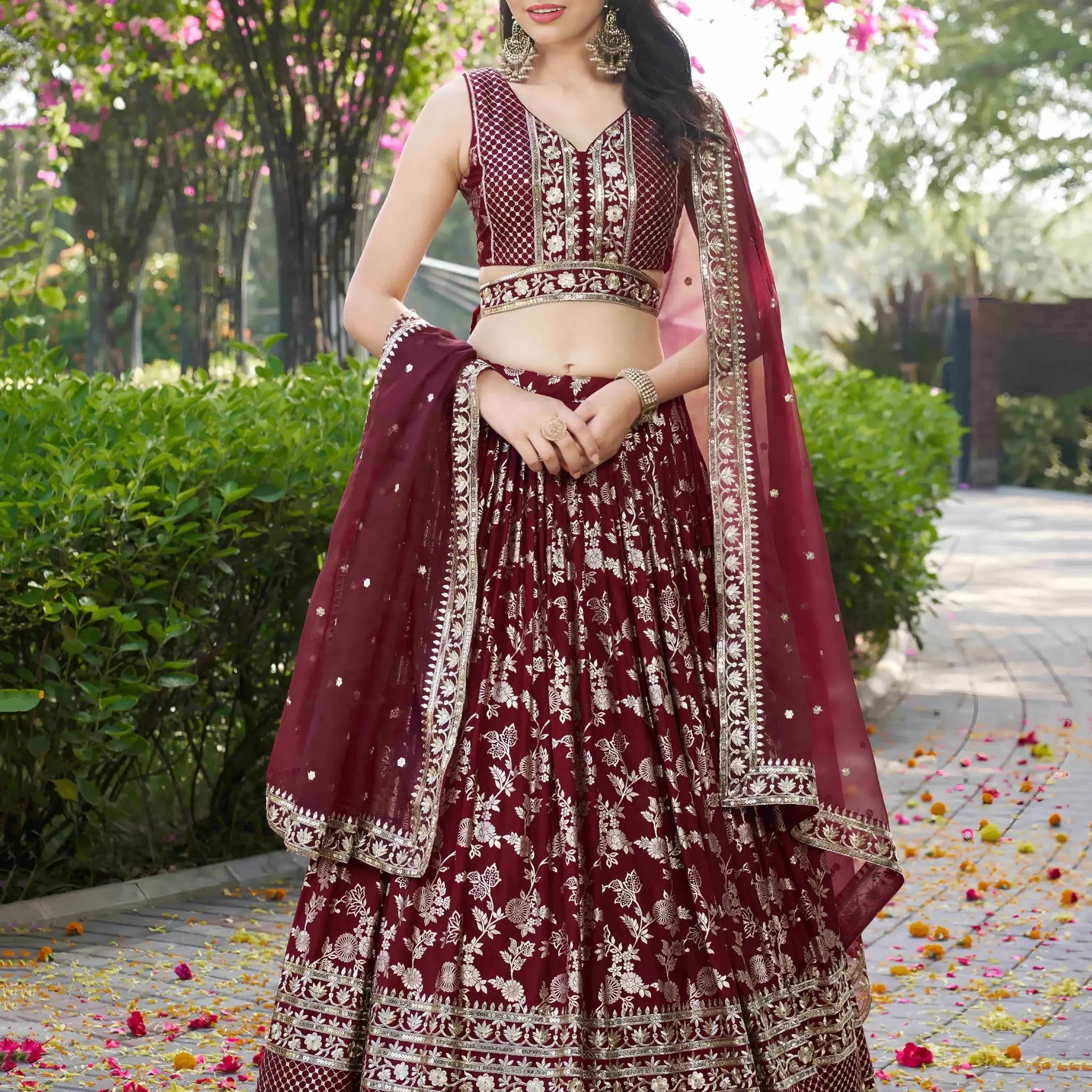 Stunning Maroon Zari Work Silk Bridesmaids Lehenga Choli With Dupatta - Zeel Clothing