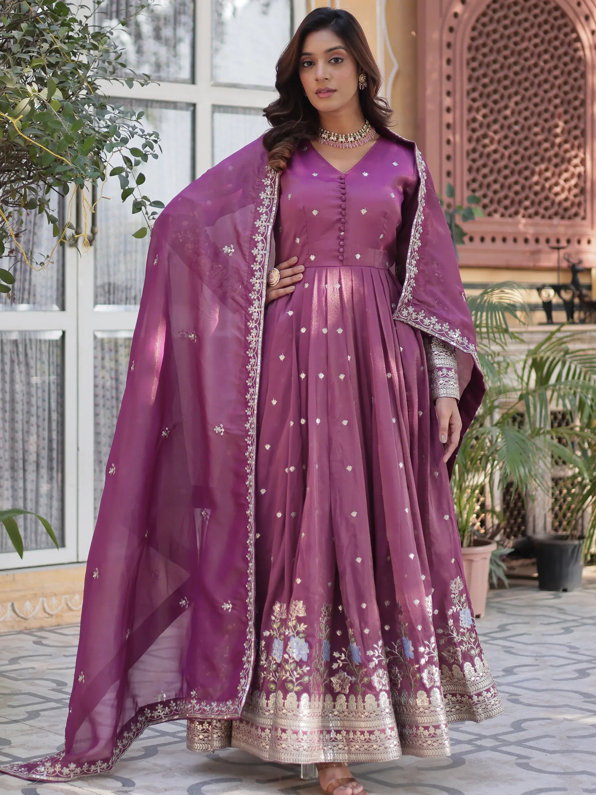 Stunning Mauve Zari Embroidered Viscose Engagement Wear Gown - Zeel Clothing