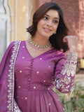 Stunning Mauve Zari Embroidered Viscose Engagement Wear Gown - Zeel Clothing