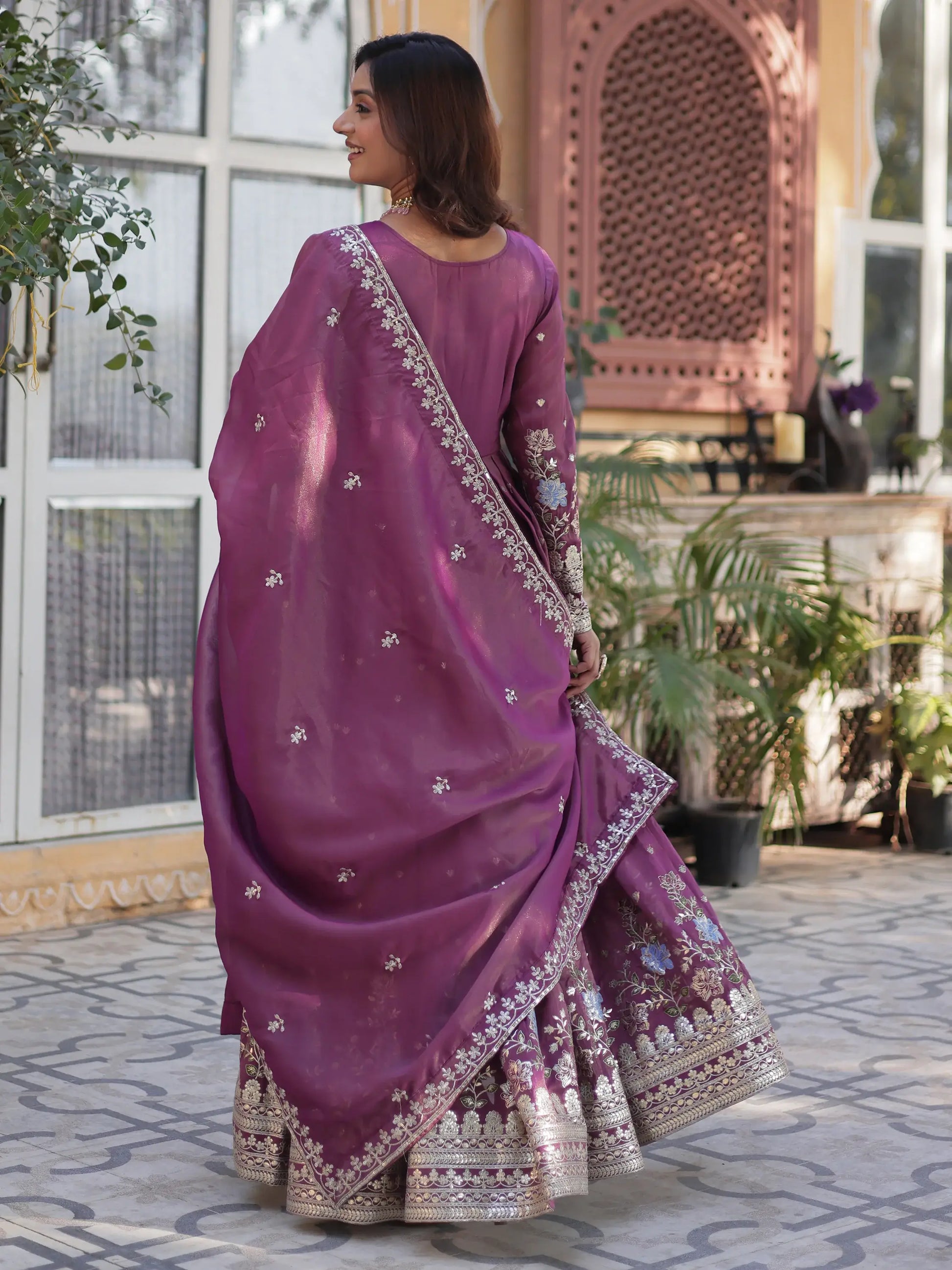 Stunning Mauve Zari Embroidered Viscose Engagement Wear Gown - Zeel Clothing