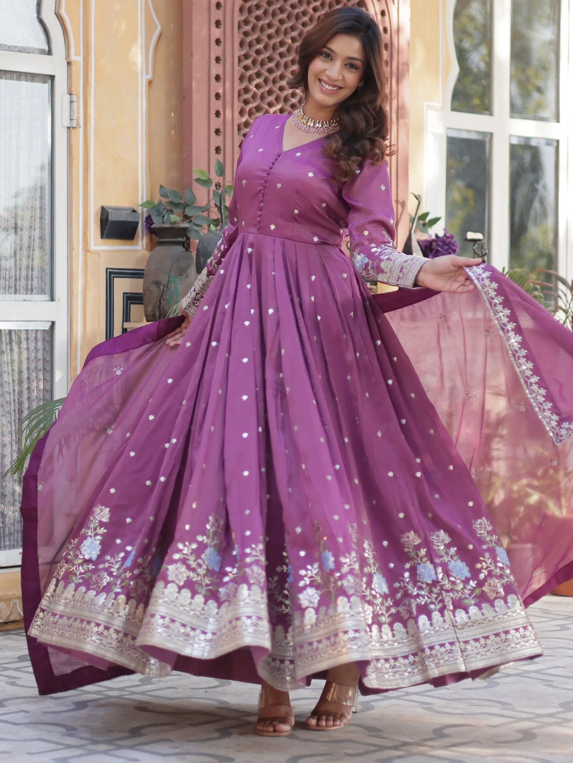 Stunning Mauve Zari Embroidered Viscose Engagement Wear Gown - Zeel Clothing