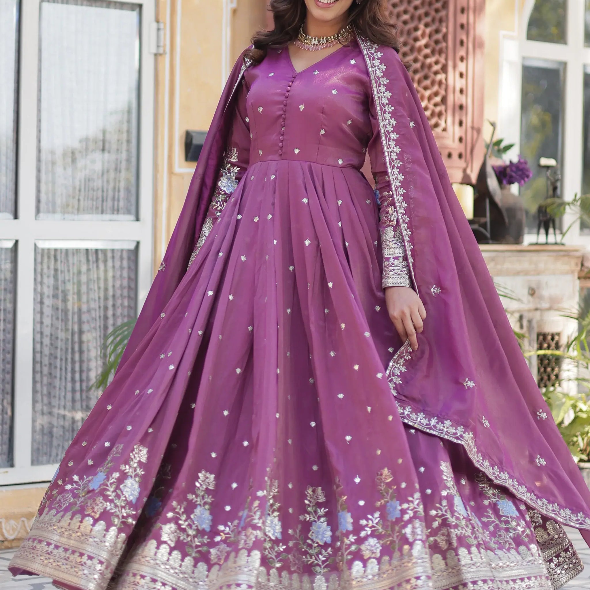 Stunning Mauve Zari Embroidered Viscose Engagement Wear Gown - Zeel Clothing