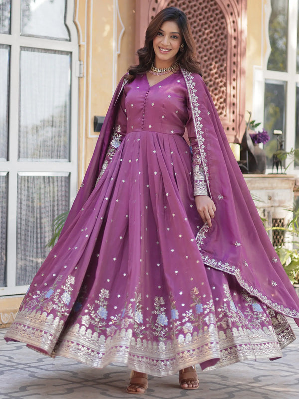 Stunning Mauve Zari Embroidered Viscose Engagement Wear Gown - Zeel Clothing