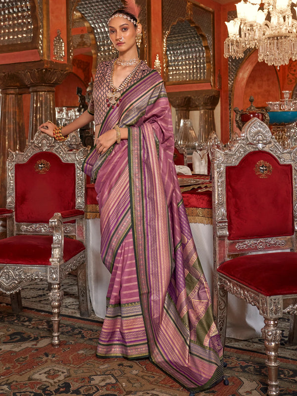 Stunning Mauve Zari Weaving Silk Event Wear Saree With Blouse - Zeel Clothing