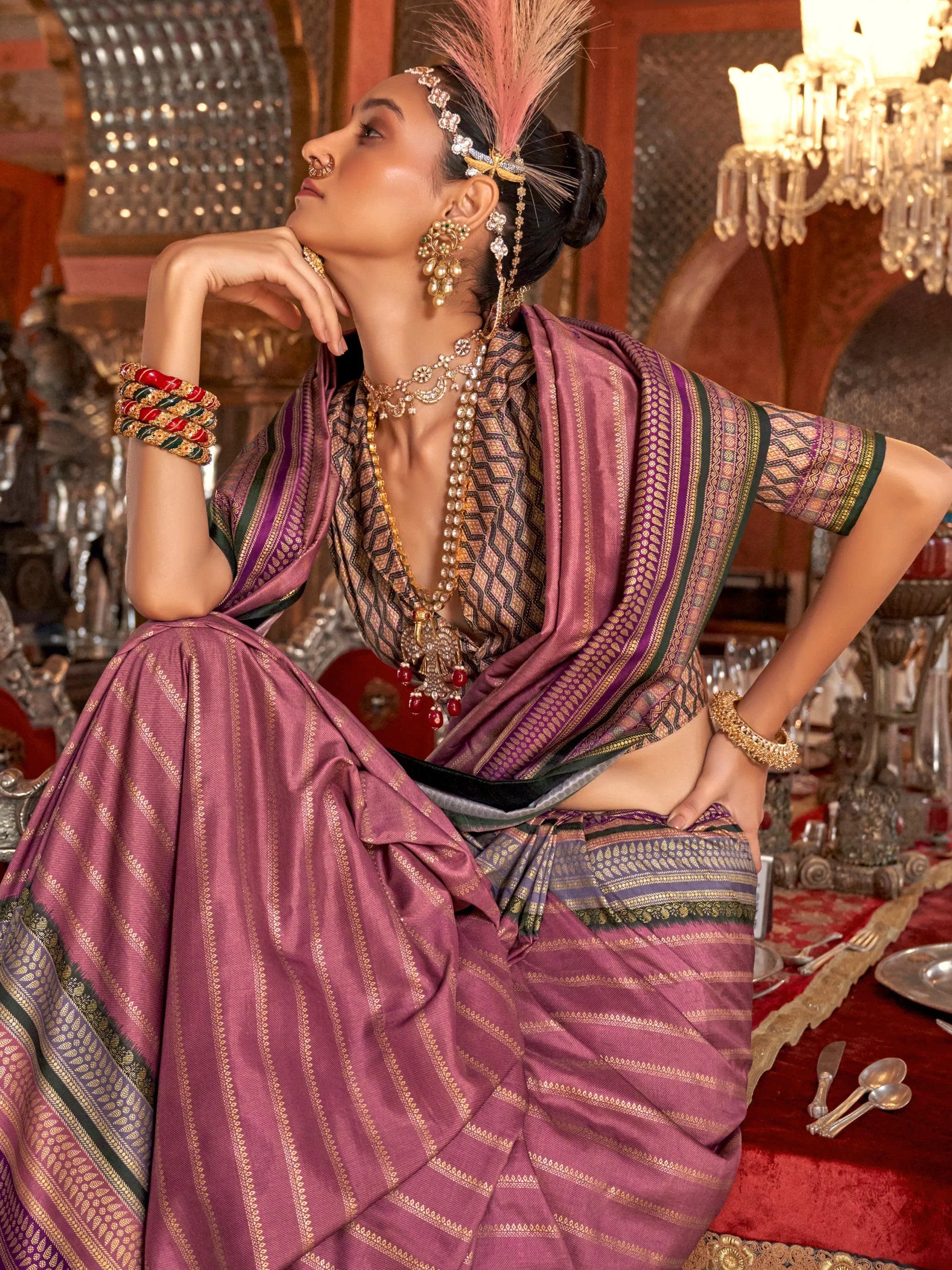 Stunning Mauve Zari Weaving Silk Event Wear Saree With Blouse - Zeel Clothing