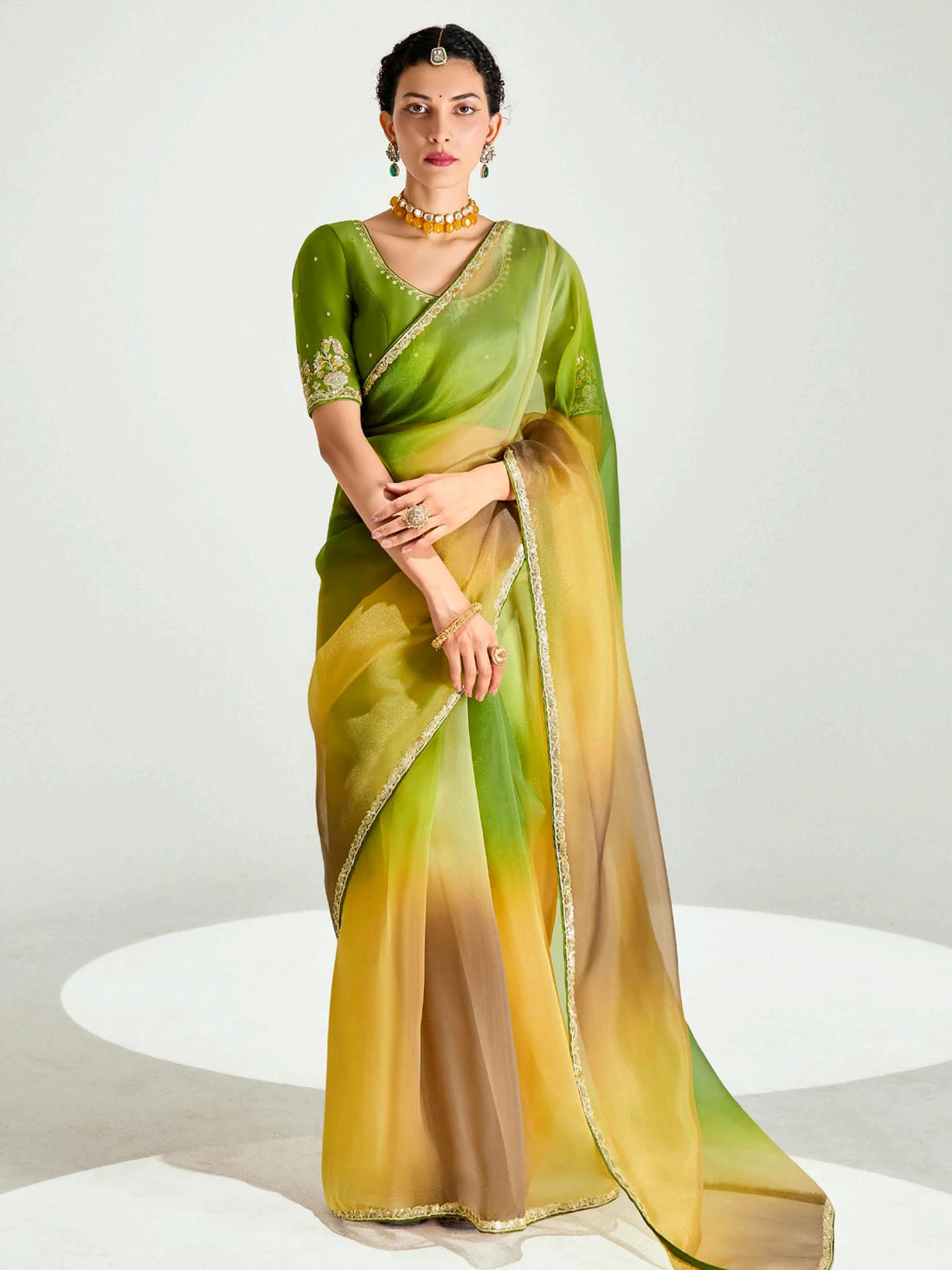 Stunning Mehendi Green Thread Embroidered Organza Wedding Wear Saree - Zeel Clothing
