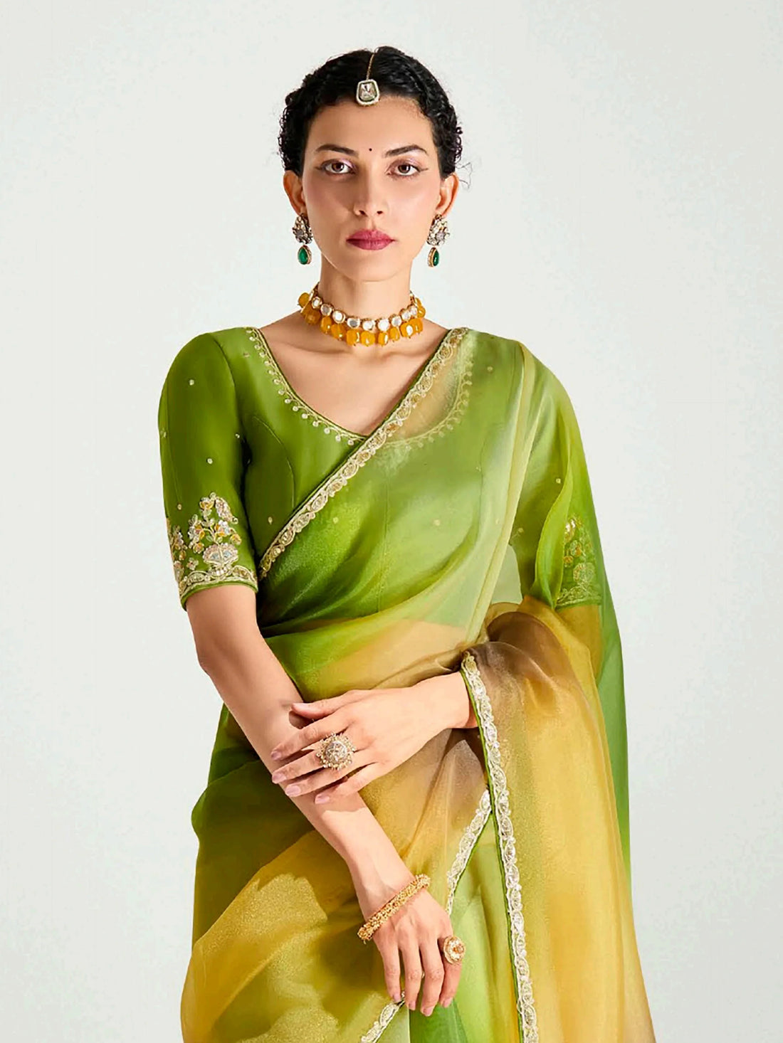 Stunning Mehendi Green Thread Embroidered Organza Wedding Wear Saree - Zeel Clothing