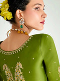 Stunning Mehendi Green Thread Embroidered Organza Wedding Wear Saree - Zeel Clothing