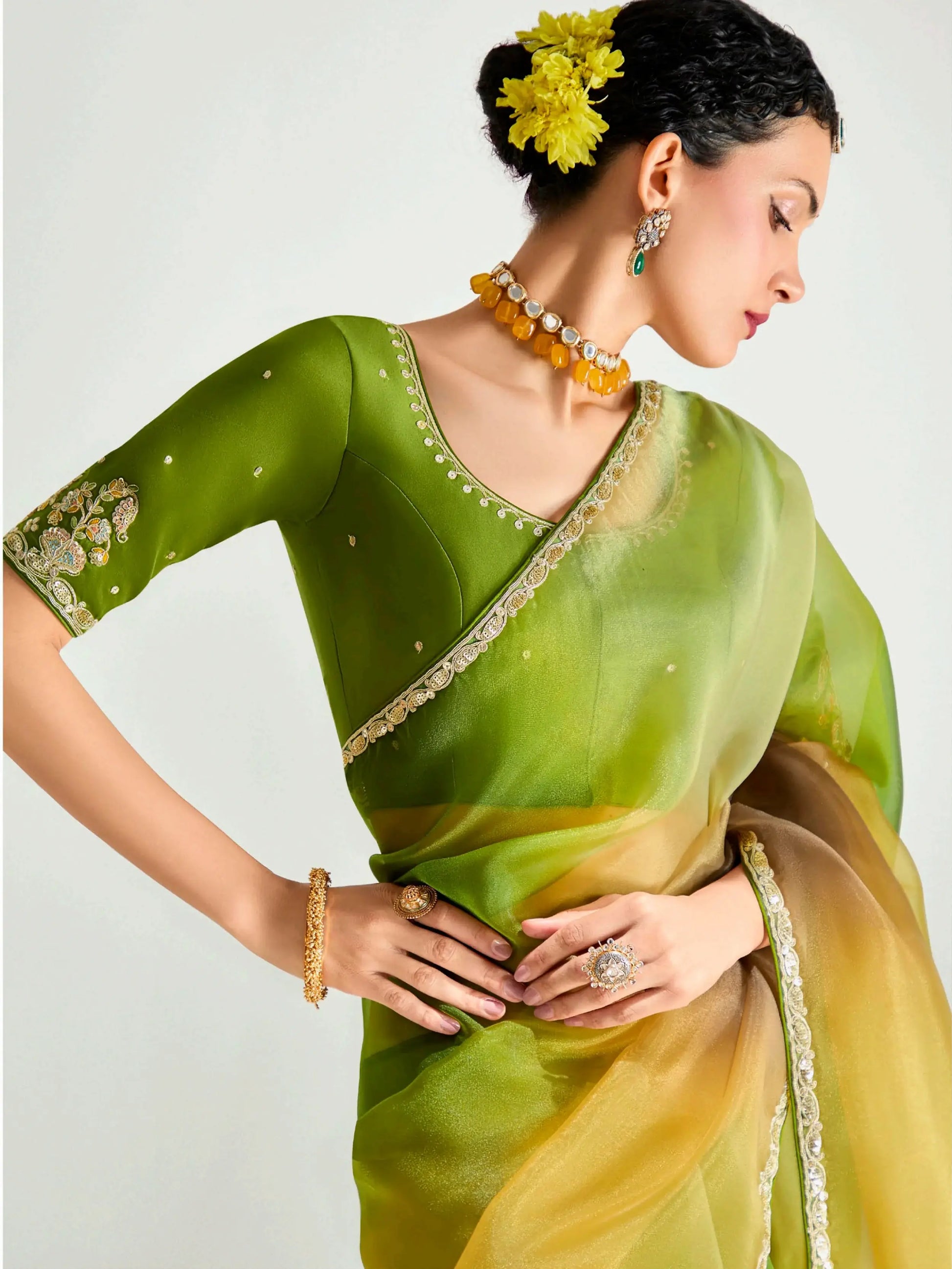 Stunning Mehendi Green Thread Embroidered Organza Wedding Wear Saree - Zeel Clothing