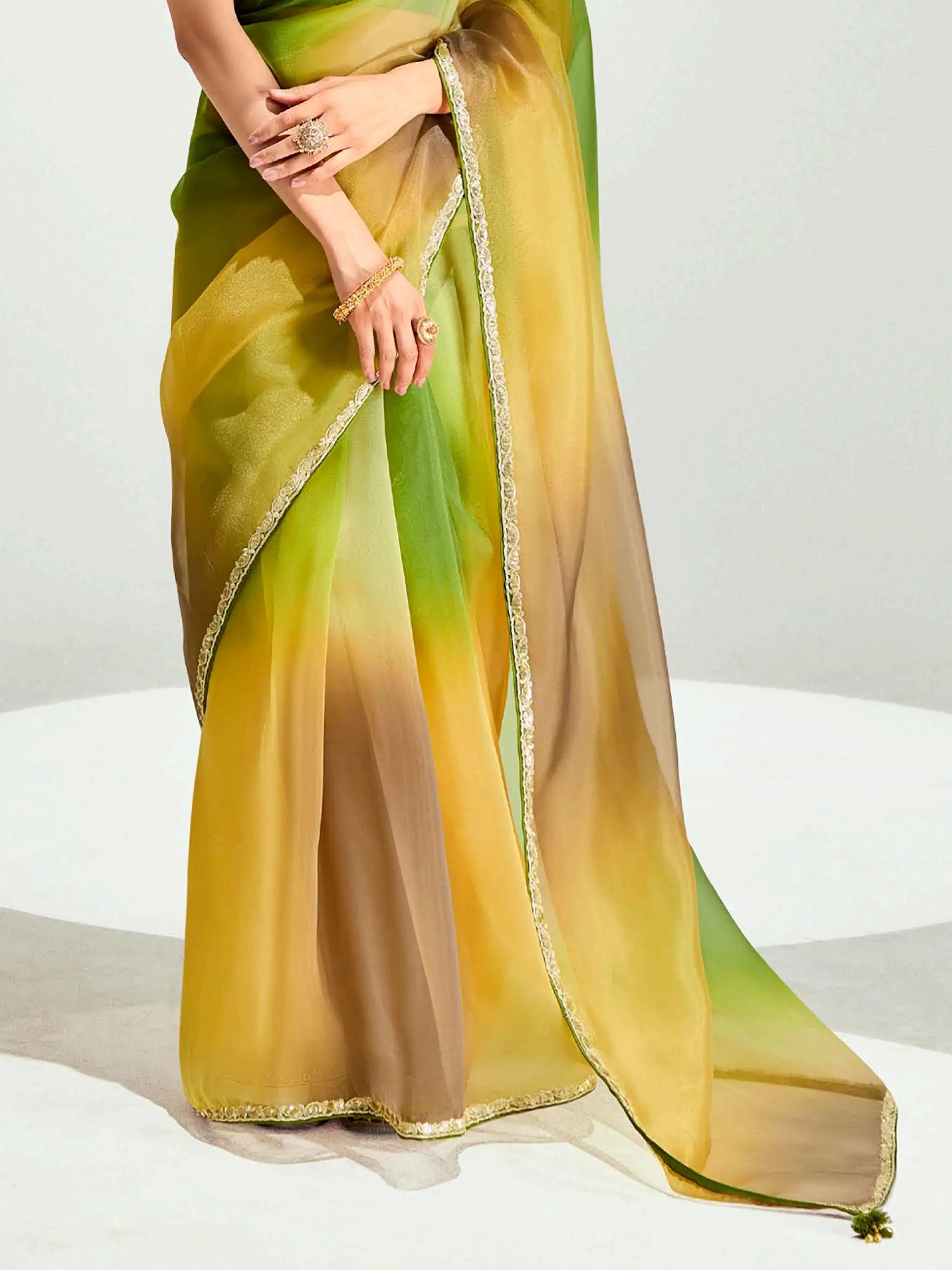 Stunning Mehendi Green Thread Embroidered Organza Wedding Wear Saree - Zeel Clothing