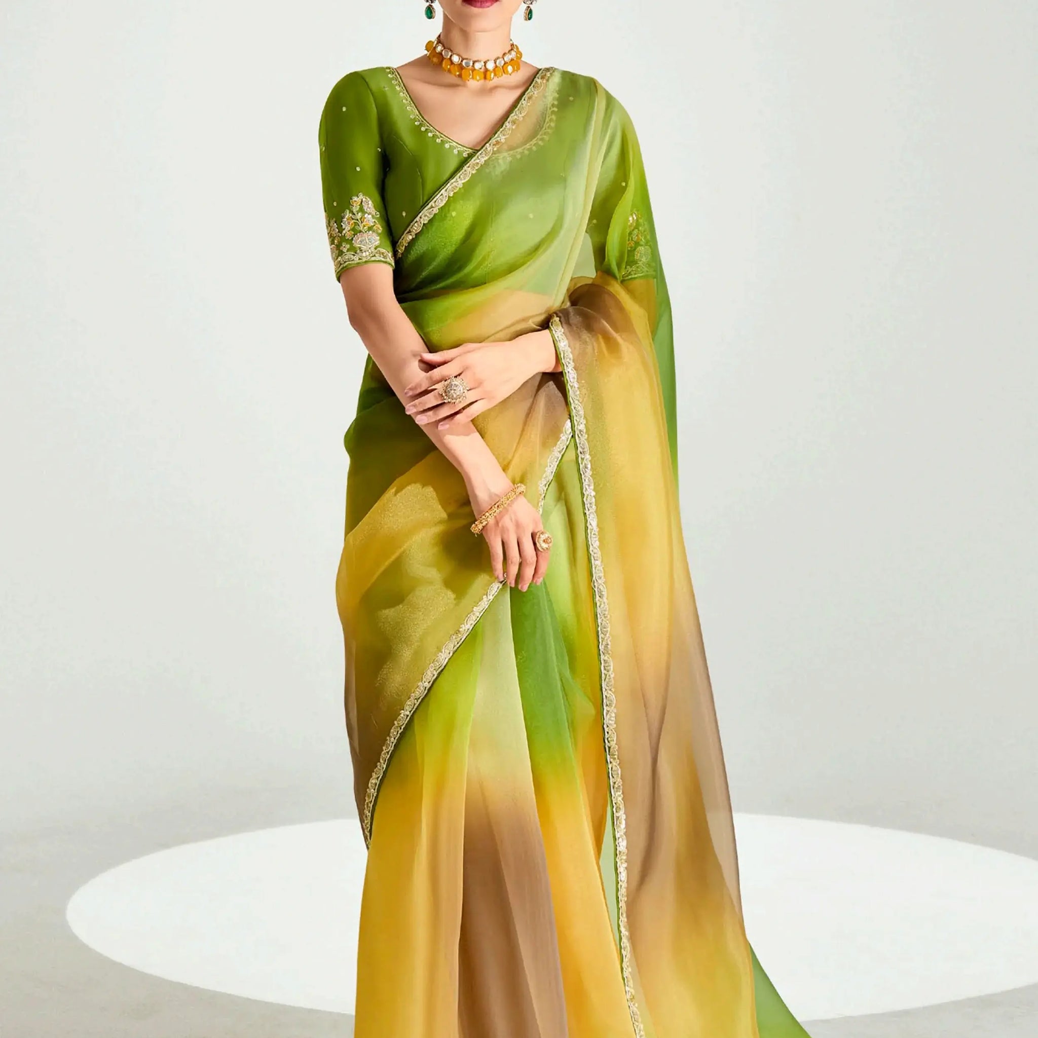 Stunning Mehendi Green Thread Embroidered Organza Wedding Wear Saree - Zeel Clothing