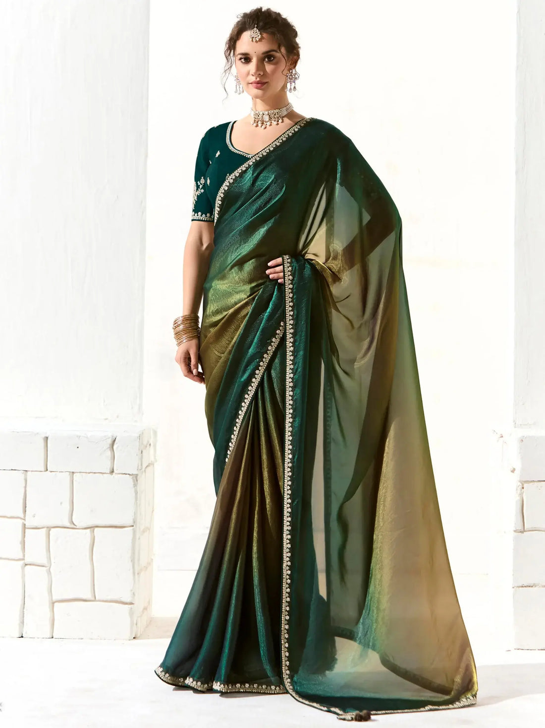 Stunning Multi-Color Border Work Tissue Silk Reception Wear Saree - Zeel Clothing
