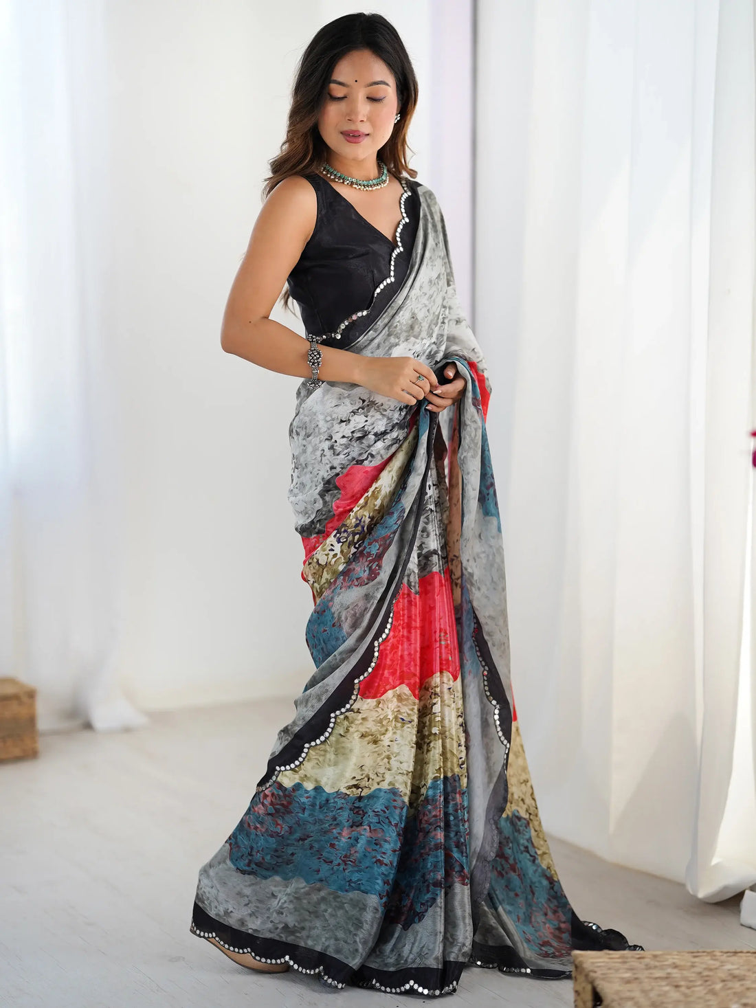 Stunning Multi-Color Digital Printed Chinon Saree With Blouse - Zeel Clothing