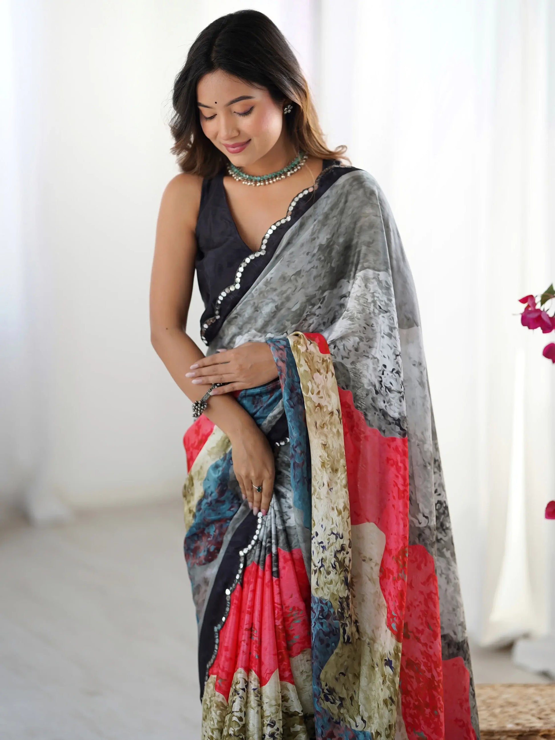 Stunning Multi-Color Digital Printed Chinon Saree With Blouse - Zeel Clothing