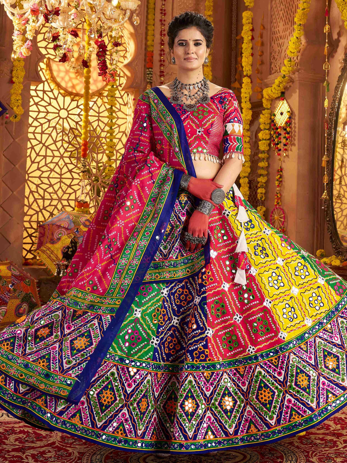 Stunning Multi-Color Foil Work Cotton Navratri Wear Lehenga Choli With Dupatta - Zeel Clothing