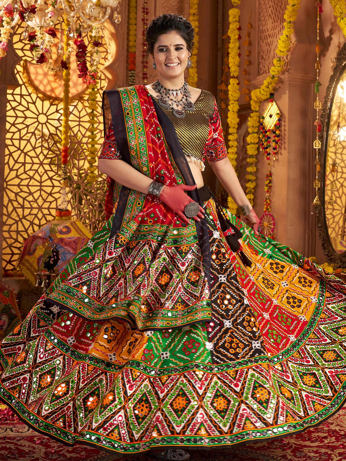 Stunning Multi-Color Foil Work Cotton Navratri Wear Lehenga Choli With Dupatta - Zeel Clothing