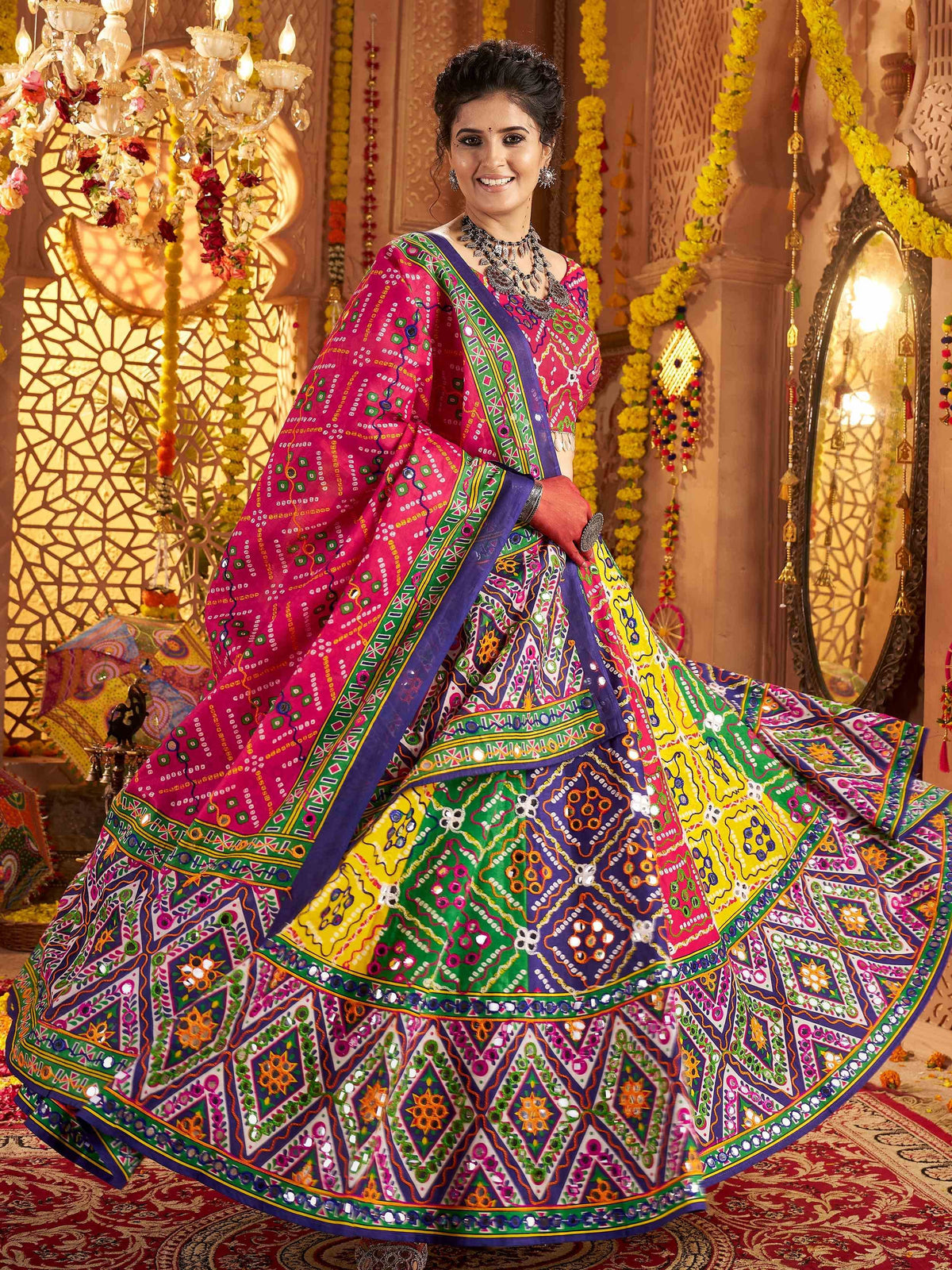 Stunning Multi-Color Foil Work Cotton Navratri Wear Lehenga Choli With Dupatta - Zeel Clothing