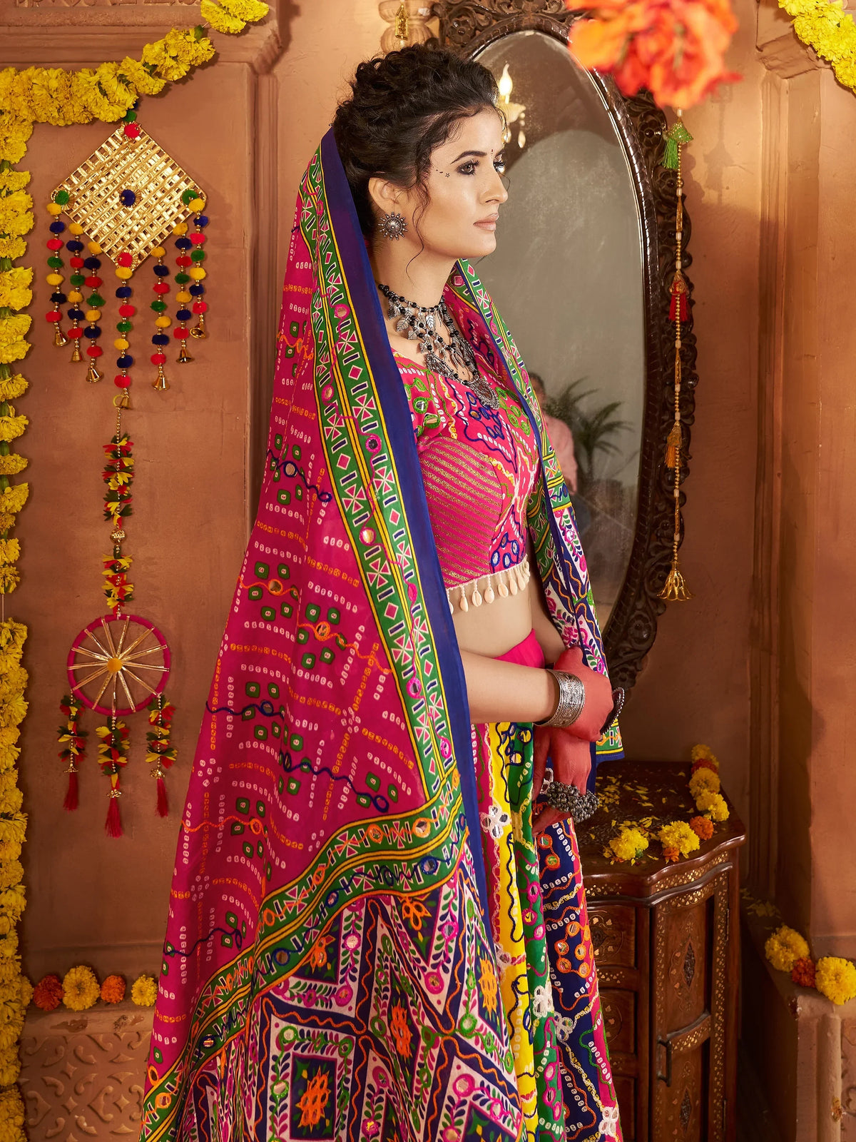 Stunning Multi-Color Foil Work Cotton Navratri Wear Lehenga Choli With Dupatta - Zeel Clothing