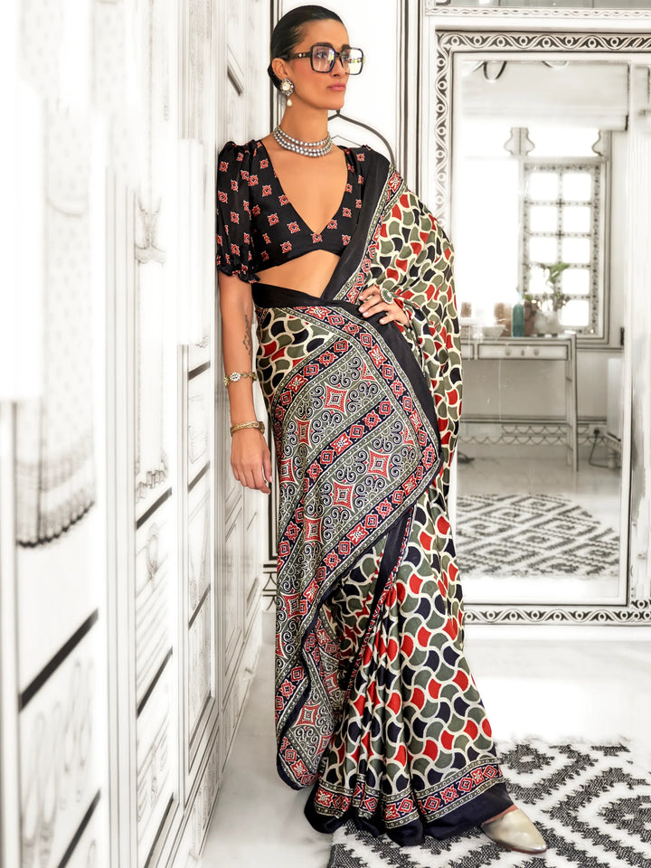 Stunning Multi-Color Printed Satin Casual Wear Saree With Blouse - Zeel Clothing