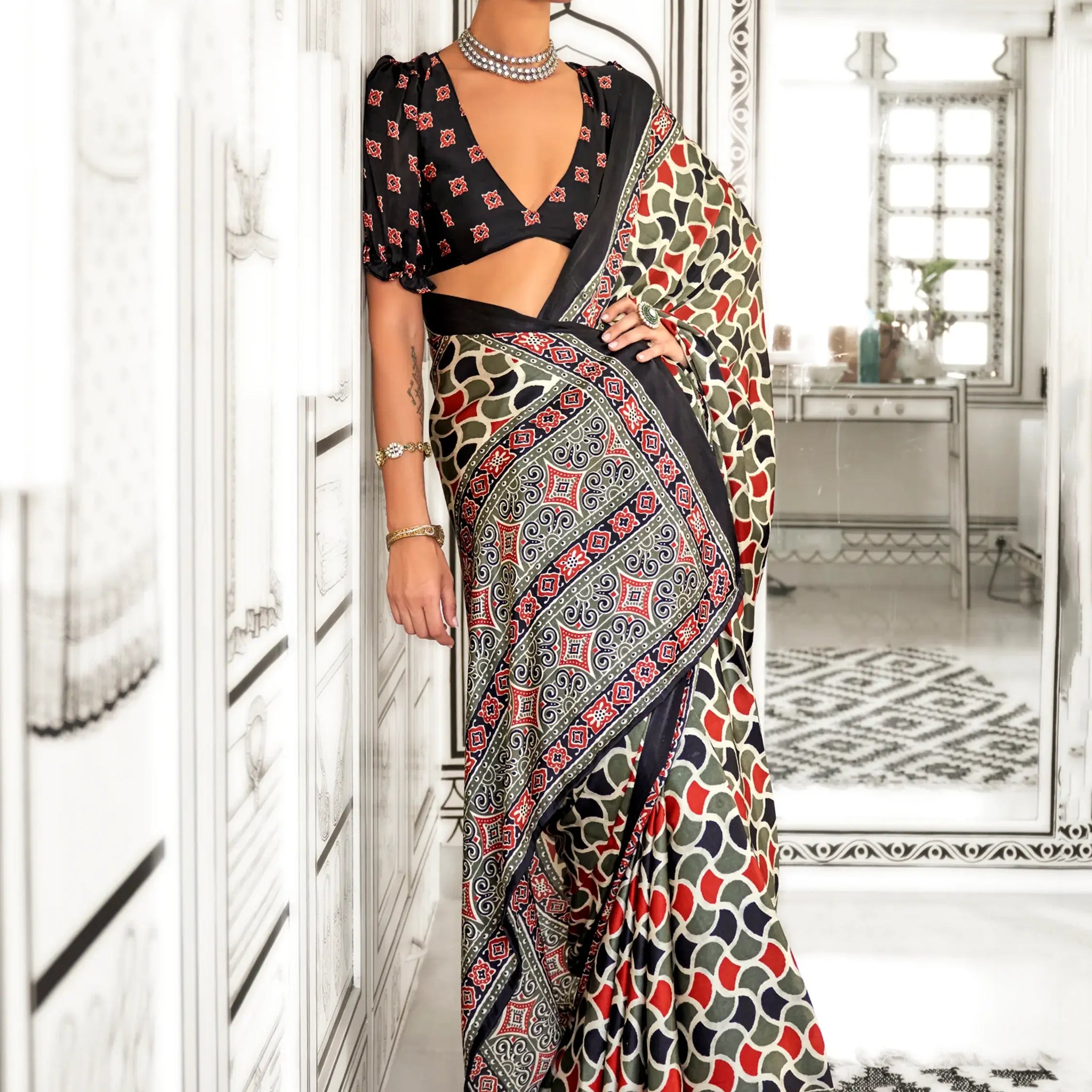 Stunning Multi-Color Printed Satin Casual Wear Saree With Blouse - Zeel Clothing