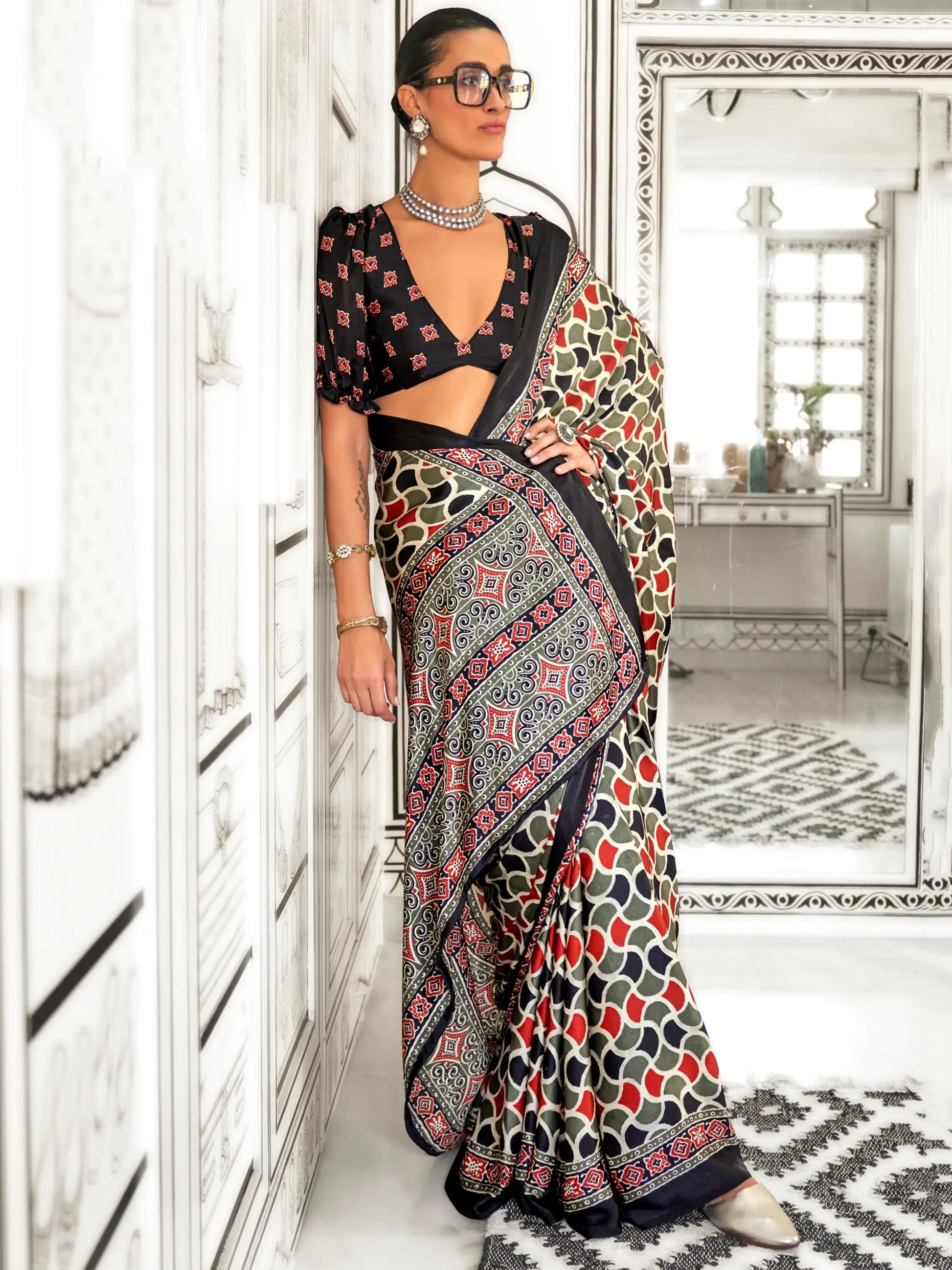 Stunning Multi-Color Printed Satin Casual Wear Saree With Blouse - Zeel Clothing