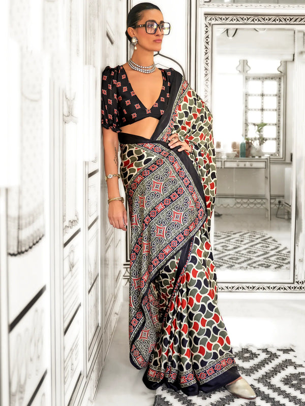 Stunning Multi-Color Printed Satin Casual Wear Saree With Blouse - Zeel Clothing
