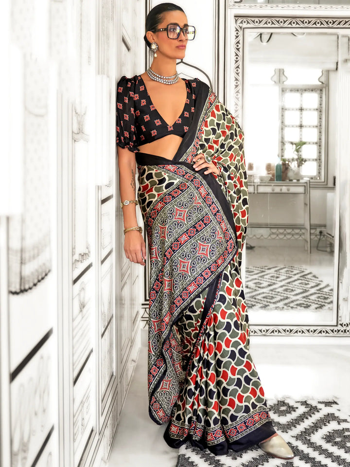 Stunning Multi-Color Printed Satin Casual Wear Saree With Blouse - Zeel Clothing