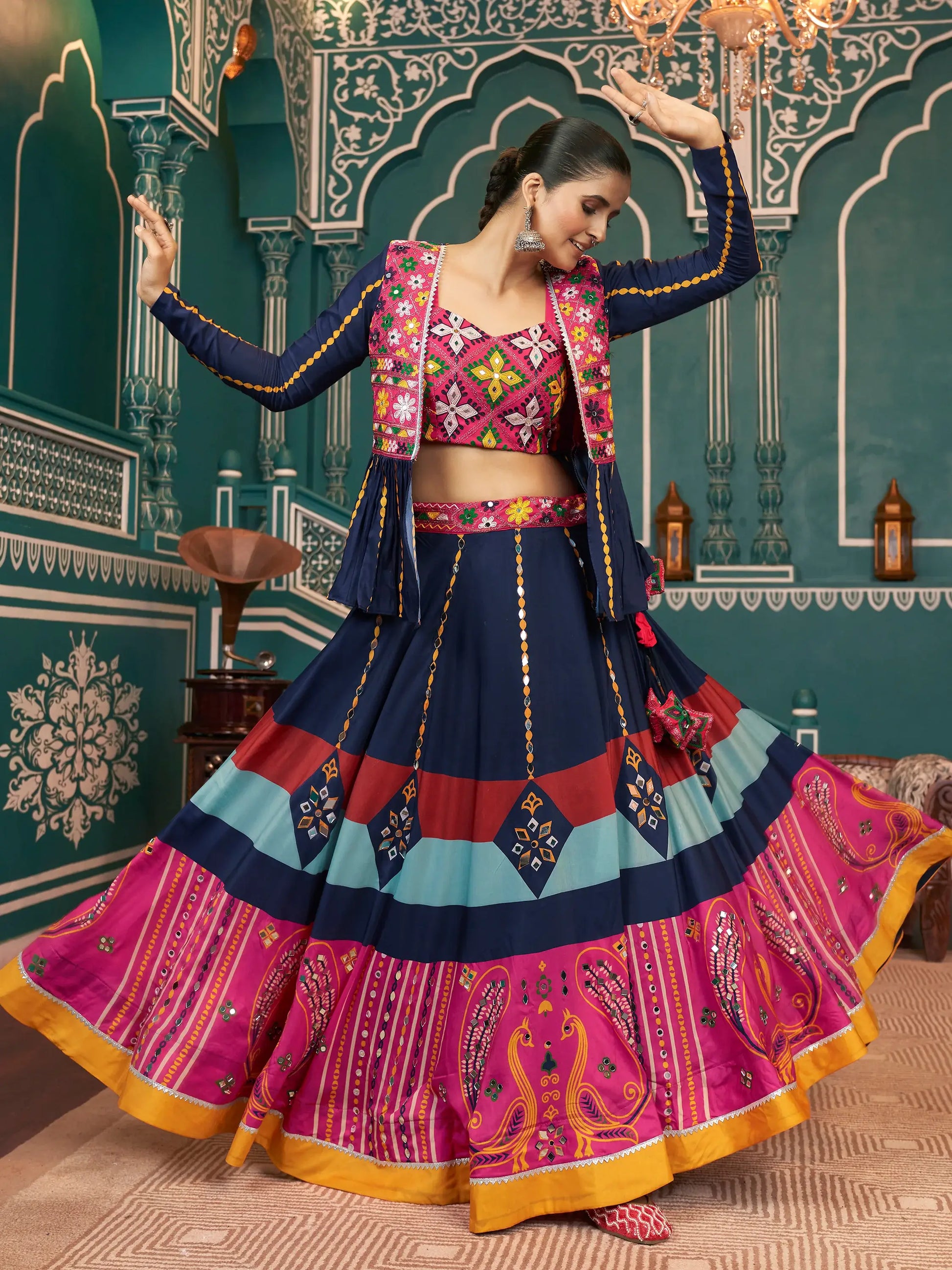 Stunning Multi-Color Printed Silk Navratri Lehenga Choli With Jacket - Zeel Clothing