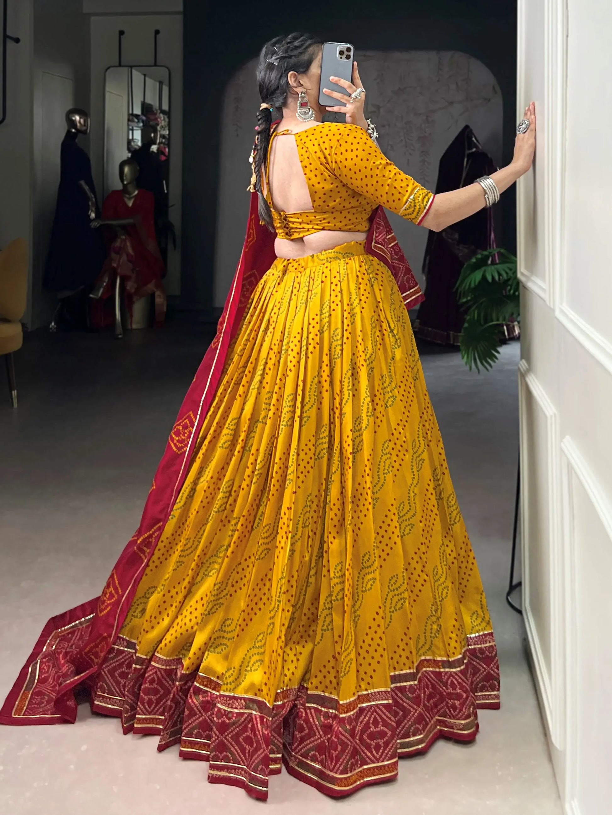 Stunning Mustard Yellow Bandhej Print Tussar Silk Lehenga Choli With Dupatta - Zeel Clothing