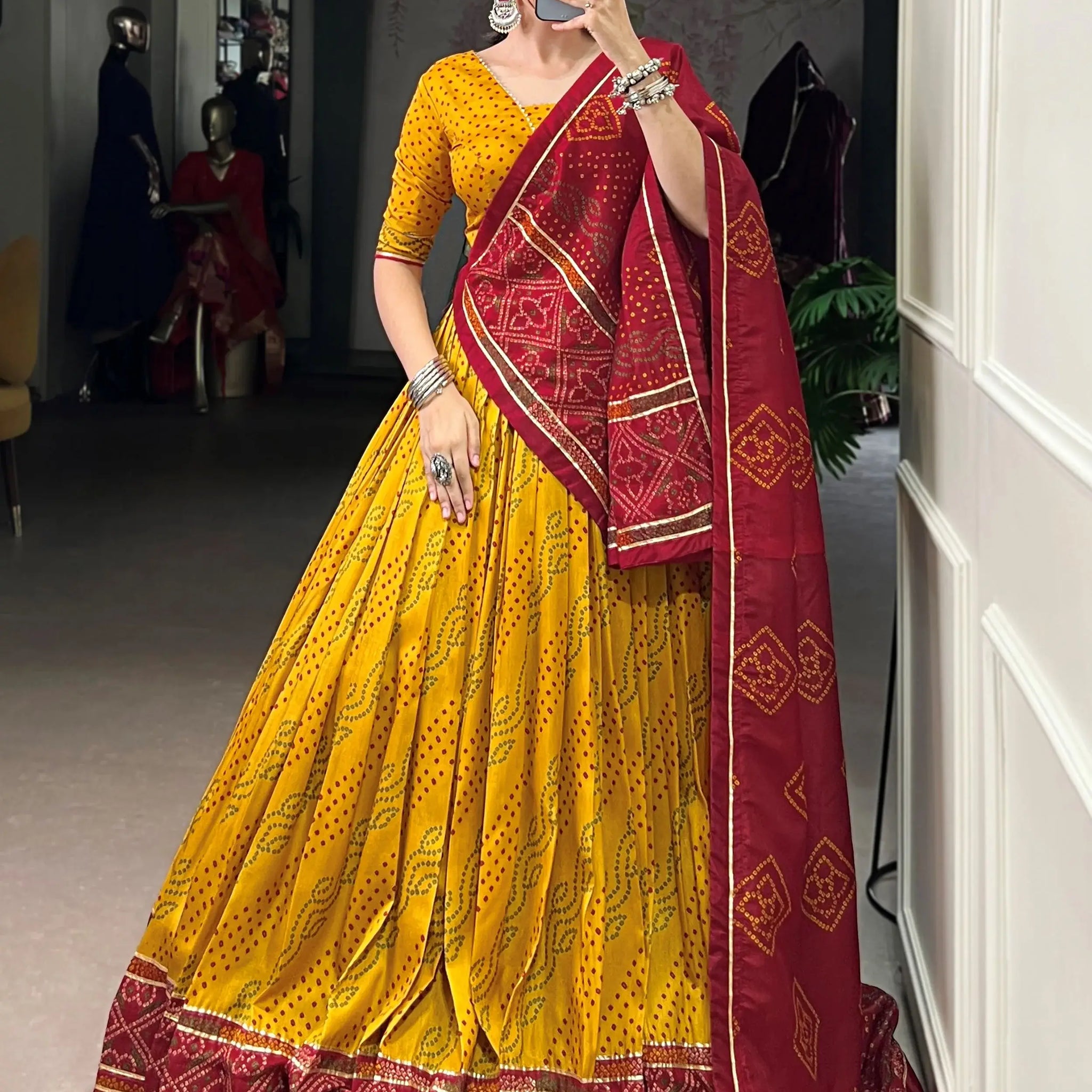 Stunning Mustard Yellow Bandhej Print Tussar Silk Lehenga Choli With Dupatta - Zeel Clothing