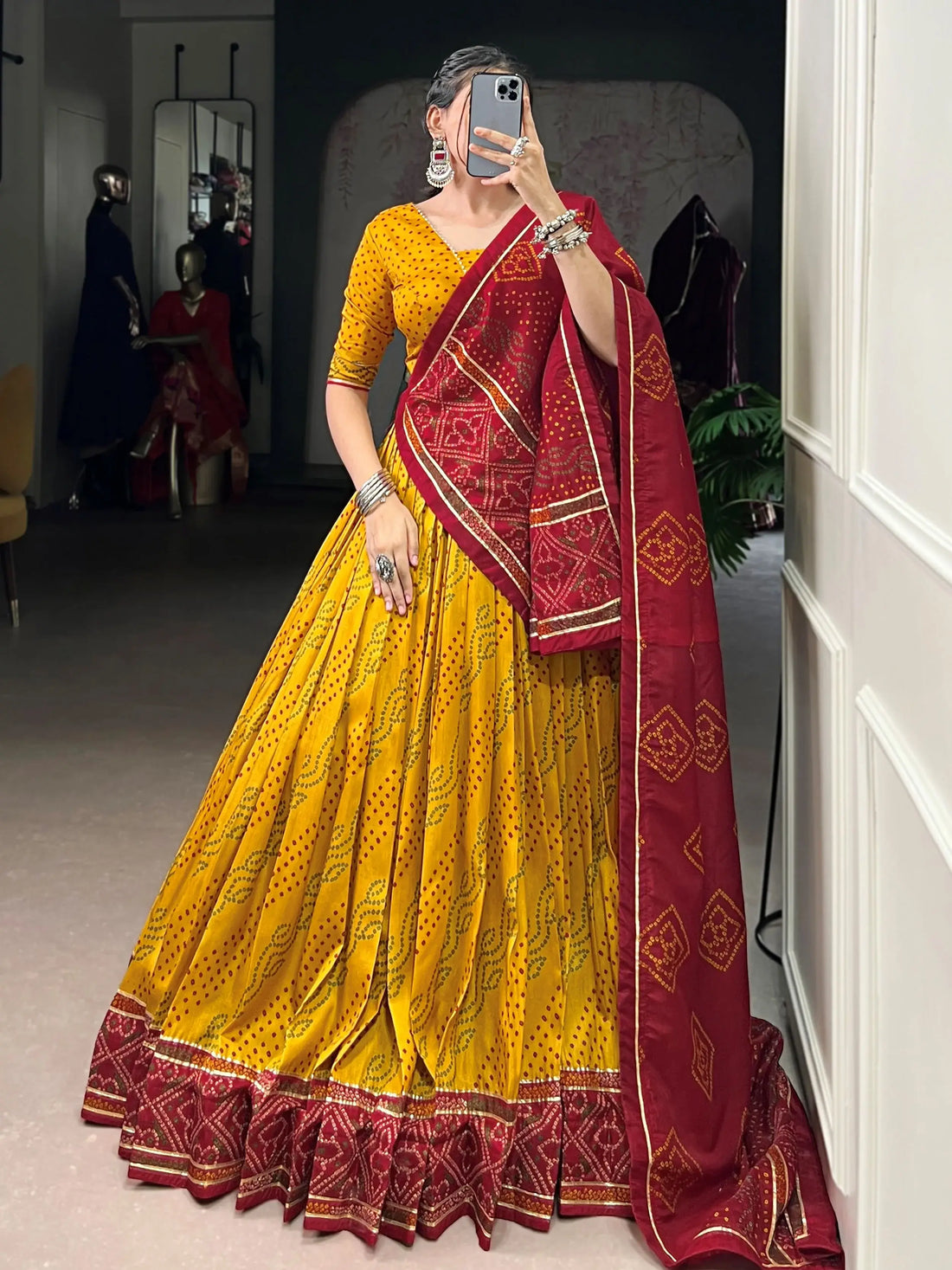 Stunning Mustard Yellow Bandhej Print Tussar Silk Lehenga Choli With Dupatta - Zeel Clothing