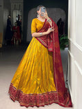 Stunning Mustard Yellow Bandhej Print Tussar Silk Lehenga Choli With Dupatta - Zeel Clothing