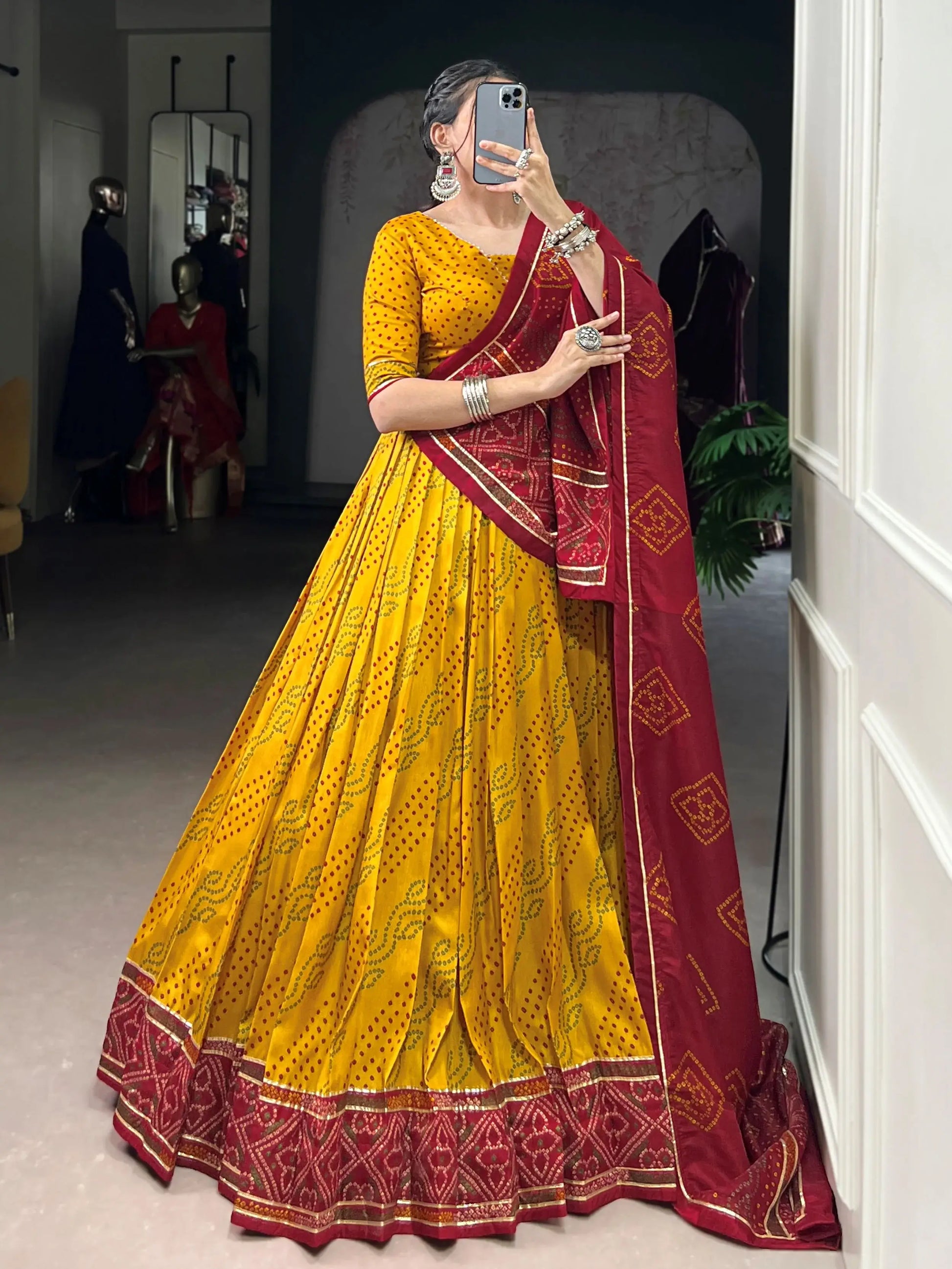 Stunning Mustard Yellow Bandhej Print Tussar Silk Lehenga Choli With Dupatta - Zeel Clothing