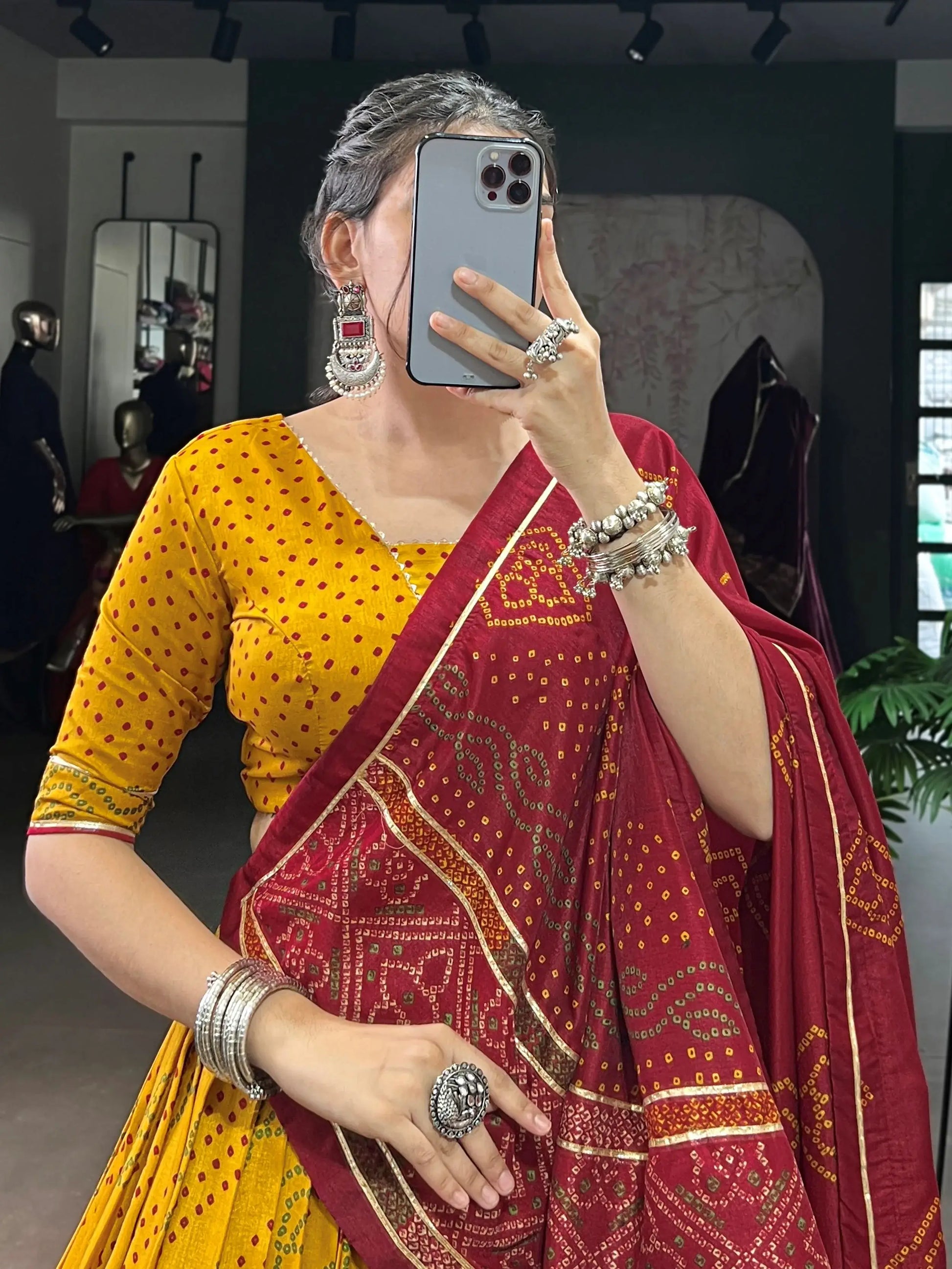 Stunning Mustard Yellow Bandhej Print Tussar Silk Lehenga Choli With Dupatta - Zeel Clothing