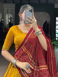 Stunning Mustard Yellow Bandhej Print Tussar Silk Lehenga Choli With Dupatta - Zeel Clothing